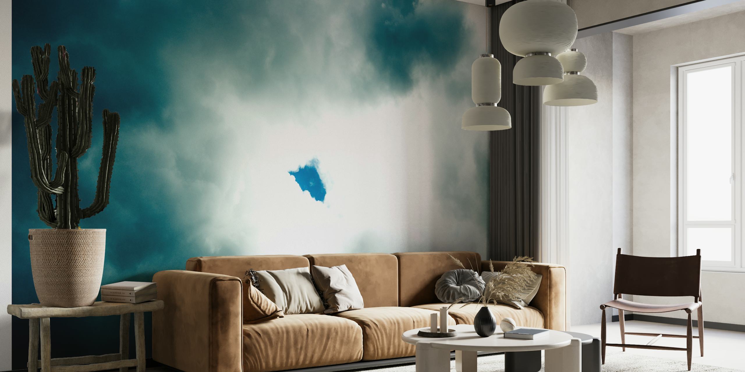 Dark cloudy sky with a blue opening wallpaper