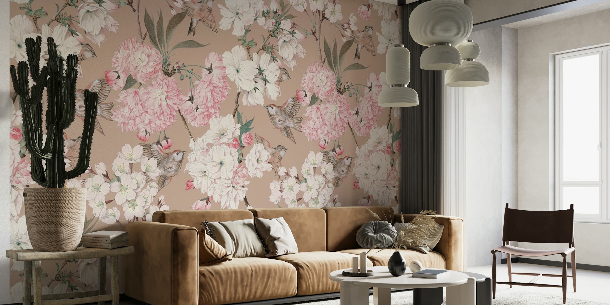 Vintage cherry blossoms on taupe background wall mural