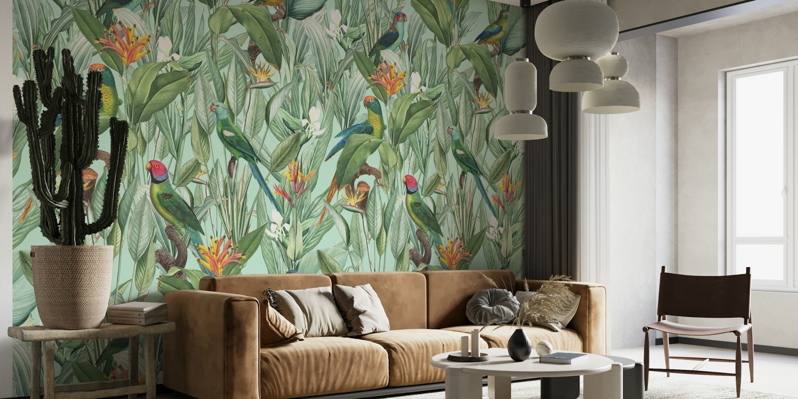 Tropical parrots wallpaper in a lush setting