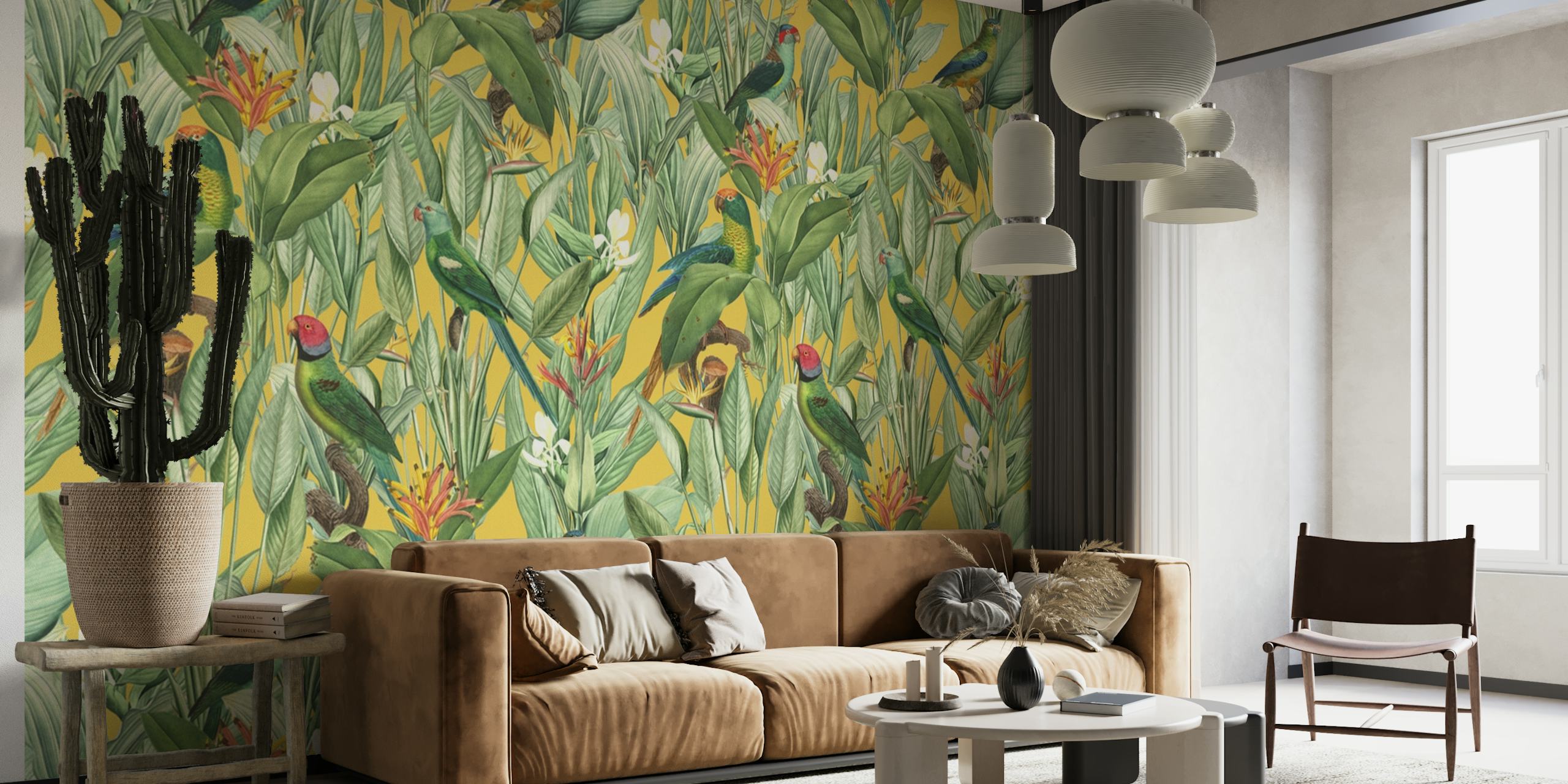 Mural de parede de inspiração vintage apresentando uma cena de selva tropical com detalhes dourados