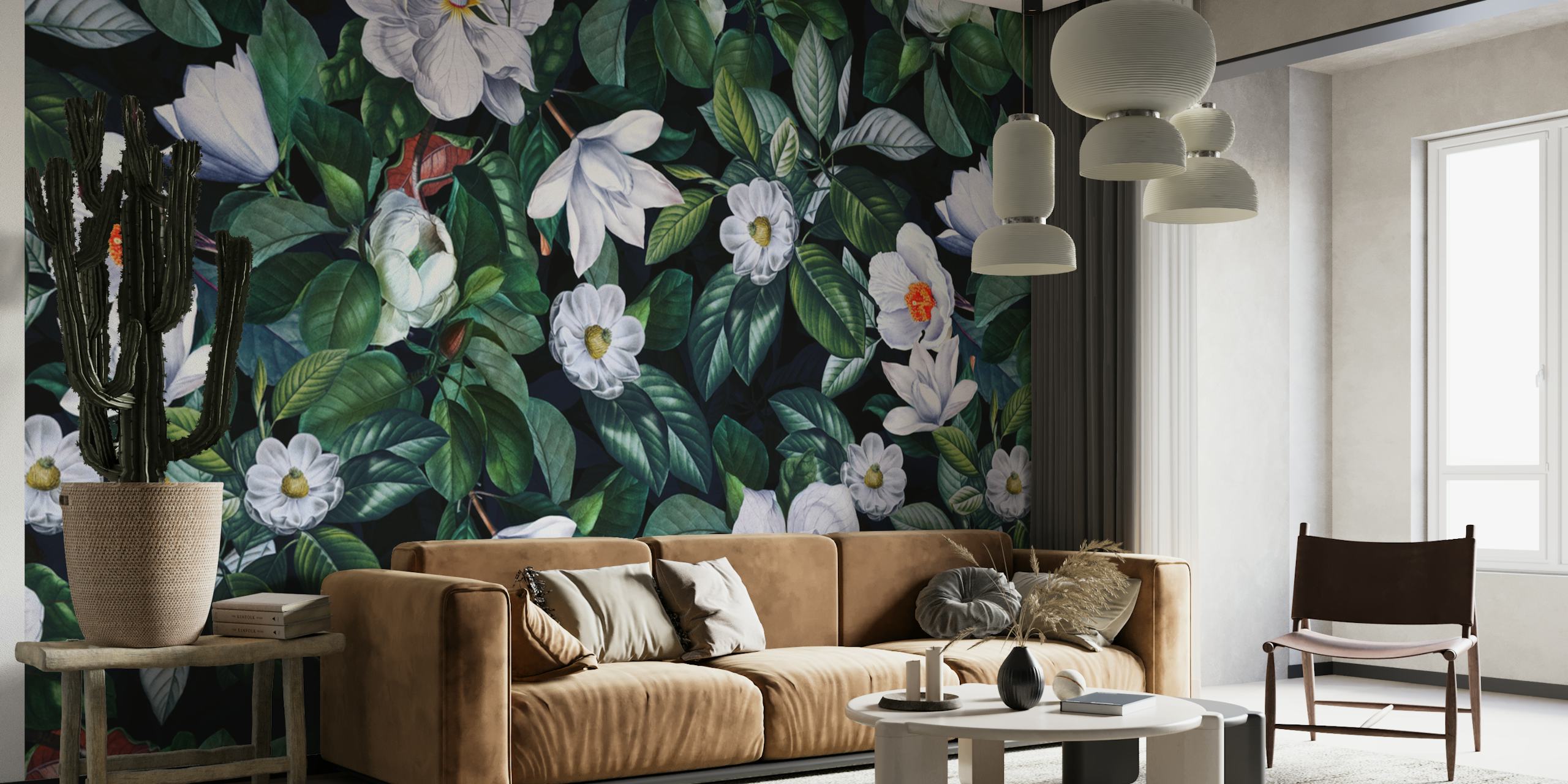 White magnolia flowers and green leaves on dark background wallpaper