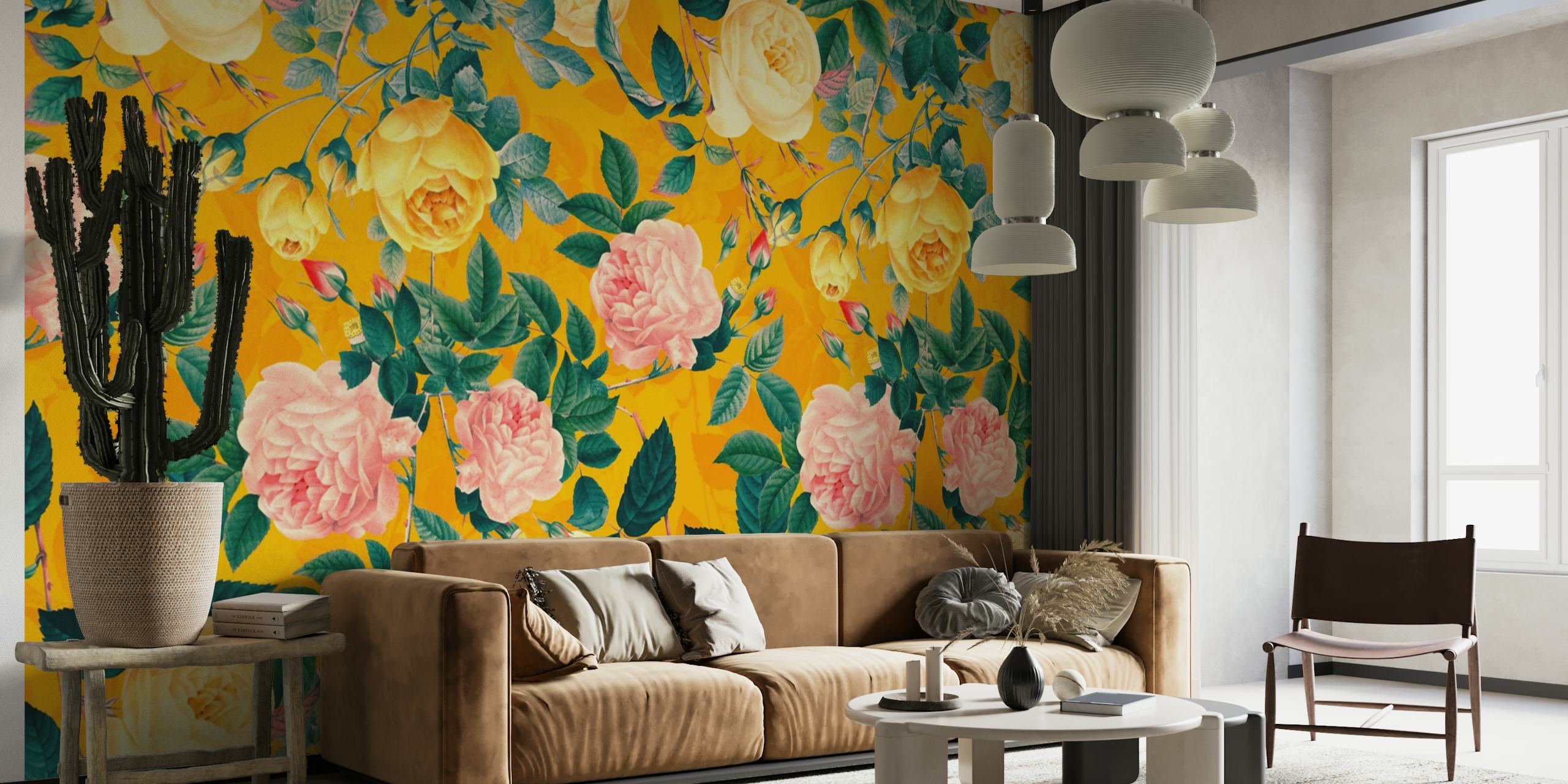 Papier peint mural Vintage Roses Garden avec des roses roses et jaunes en fleurs sur fond doré