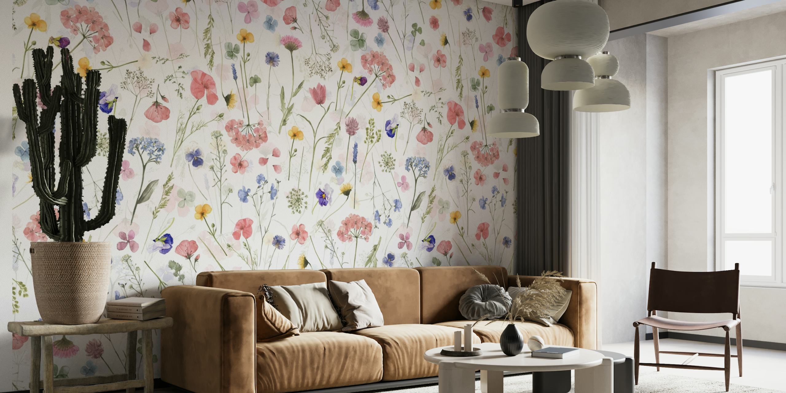 Colorful wildflowers in pastel shades on a white background wallpaper