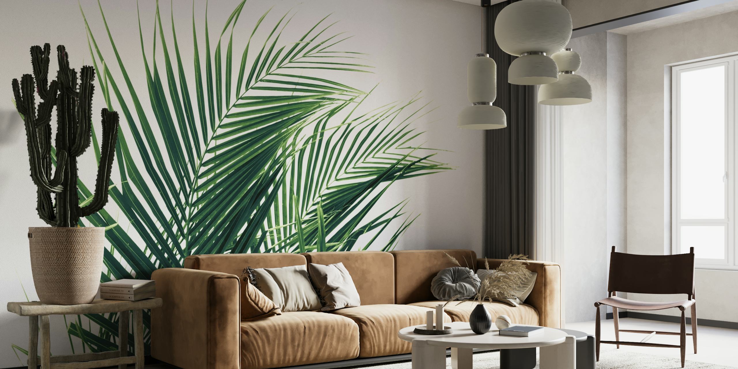 Tropical green palm leaves on a white background wallpaper