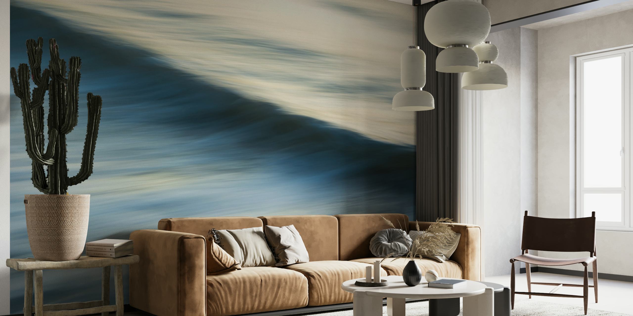Abstrakt ocean wave vægmaleri med rolig blues og flydende bevægelse