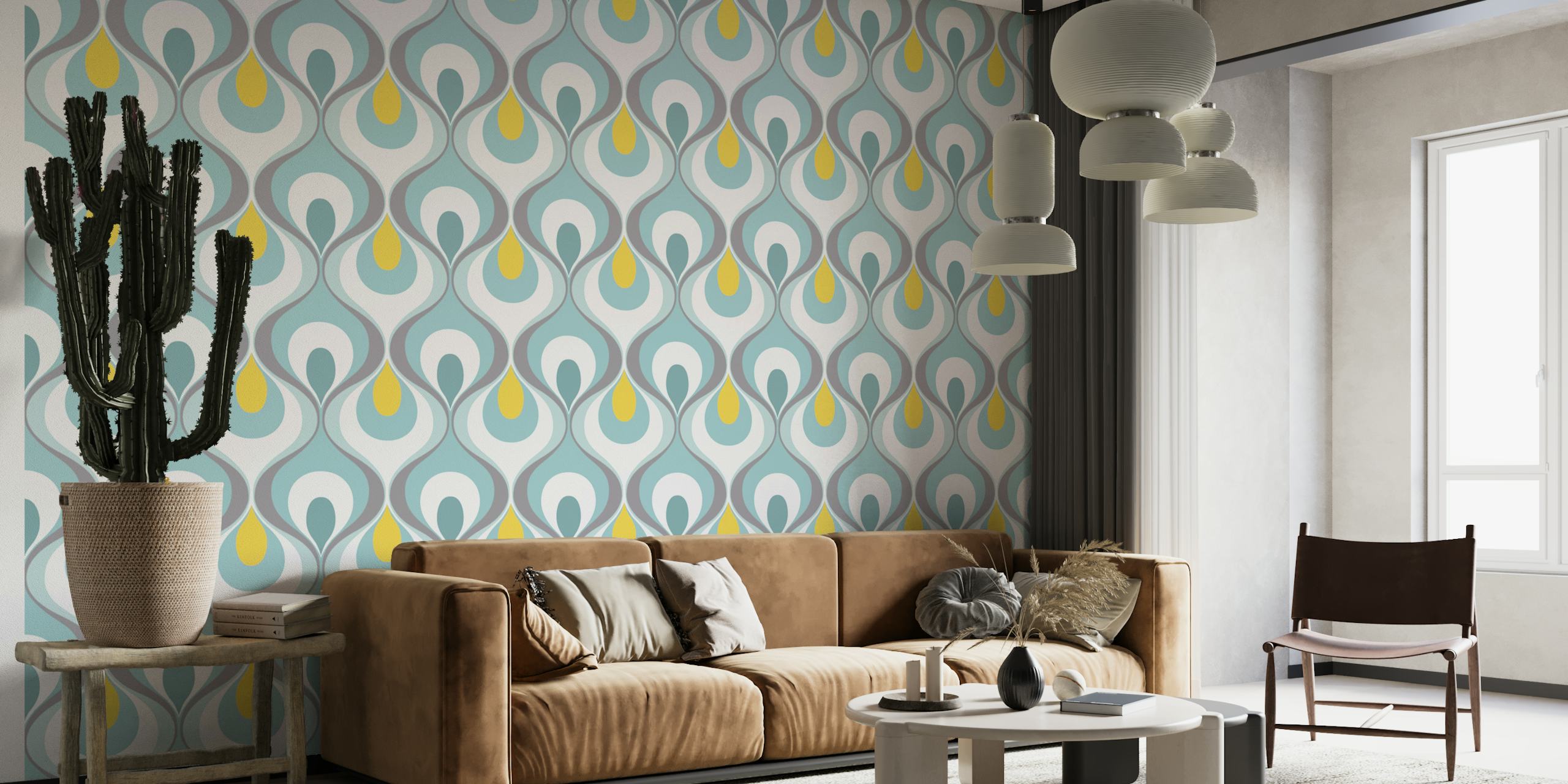 Turquoise and yellow floral teardrop pattern wallpaper