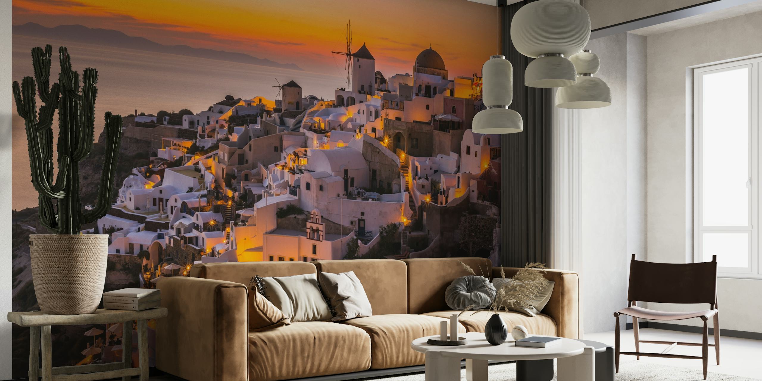 Santorini sunset wall mural with white buildings and blue domes