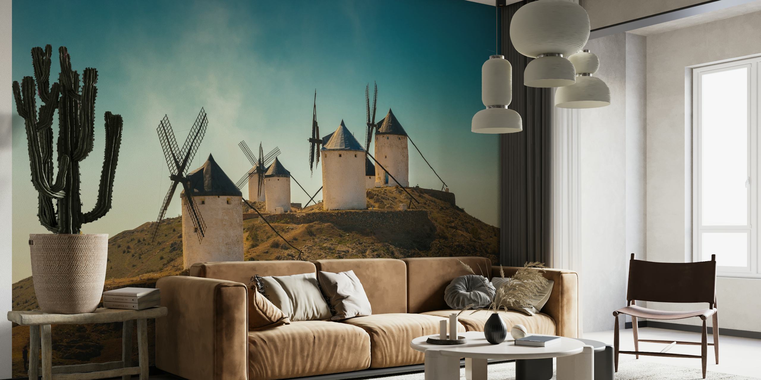 Consuegra tuulimyllyjen seinämaalaus, jossa on aamunkoitto taivas