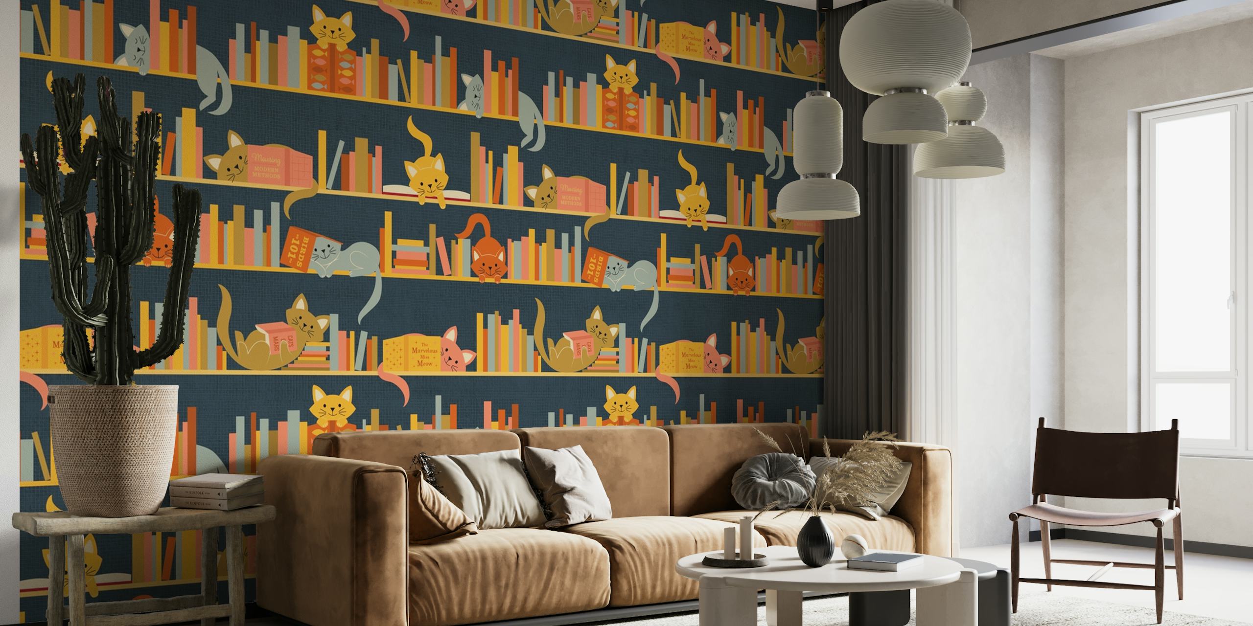 Playful cats on bookshelves wall mural