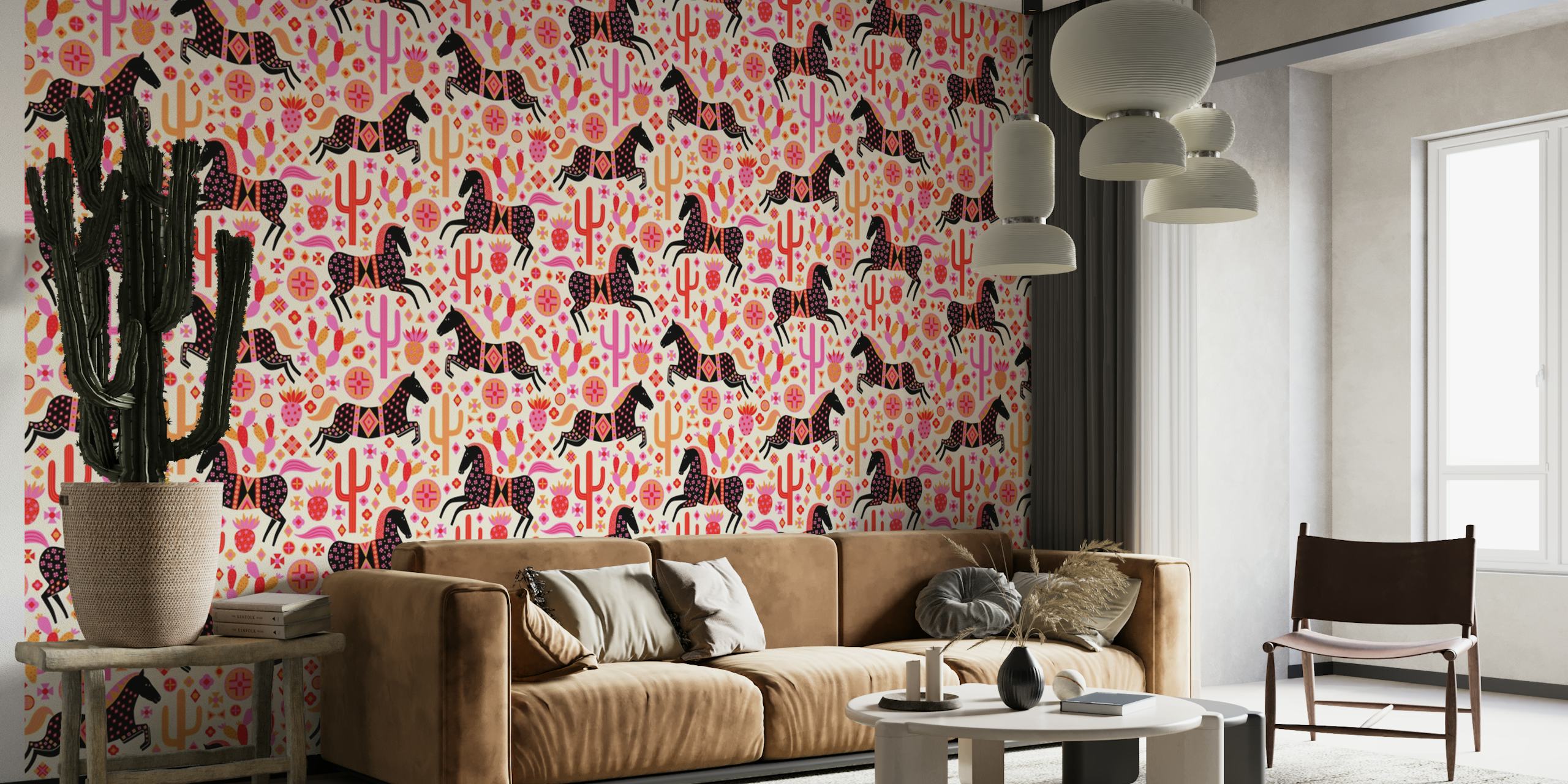 Black horses with pink and red floral patterns wallpaper