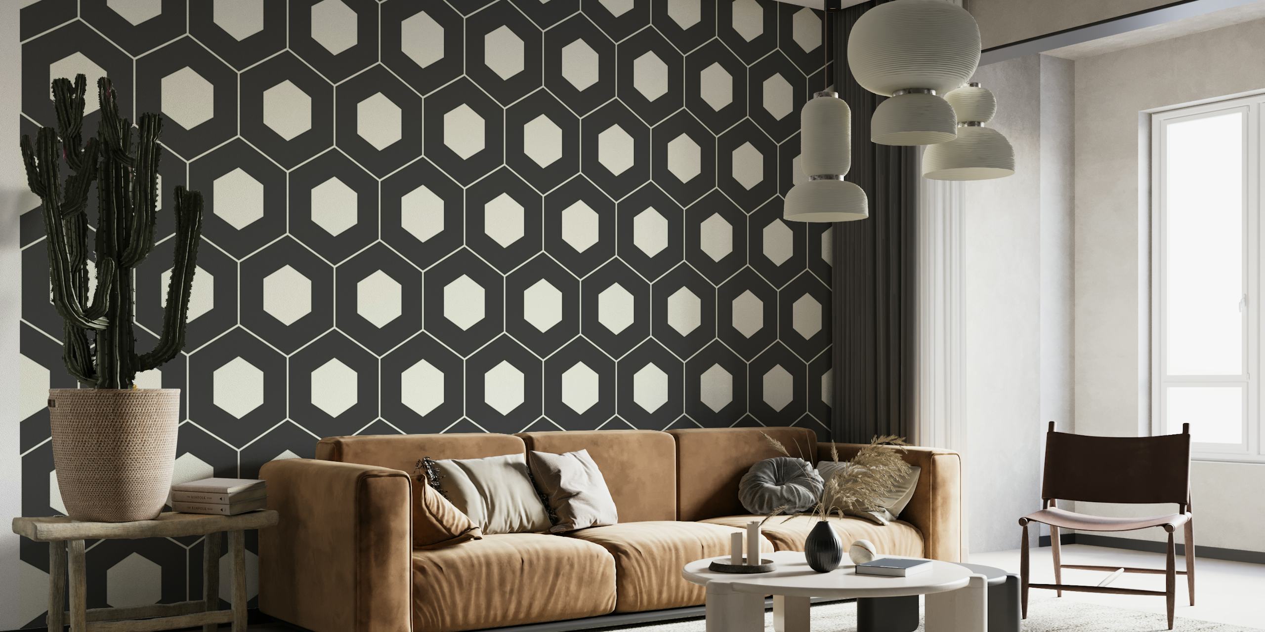Minimalistische Vintage Geometry muurschildering met herhalend zwart-wit geometrisch patroon