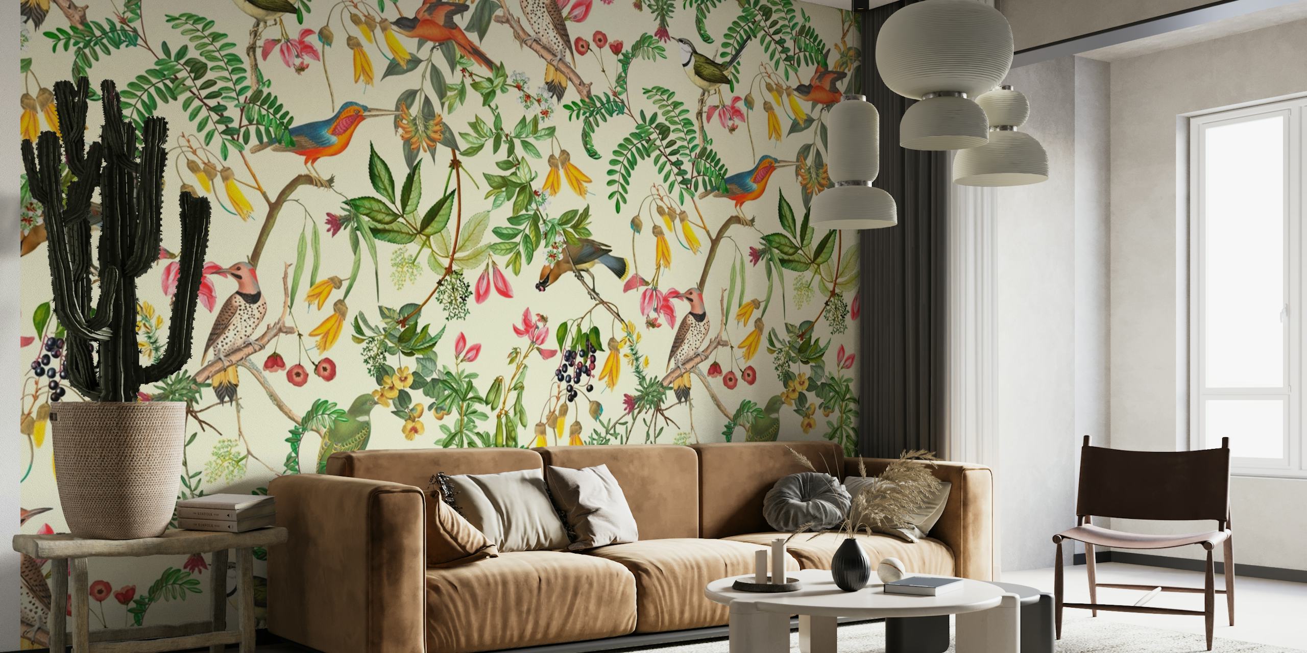 Colorful exotic birds and jungle foliage wall mural