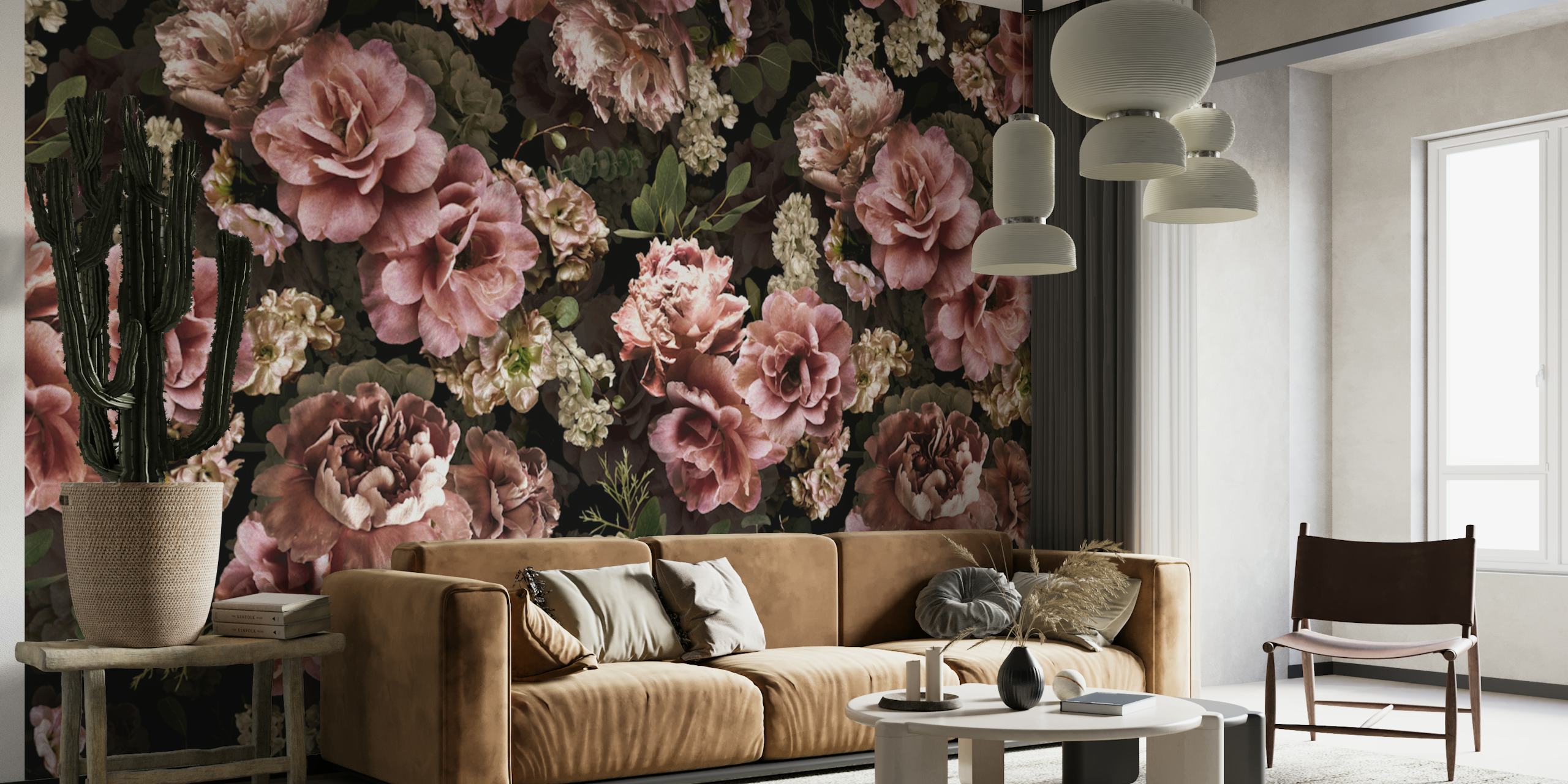 Pink floral vintage wallpaper featuring lush roses and greenery