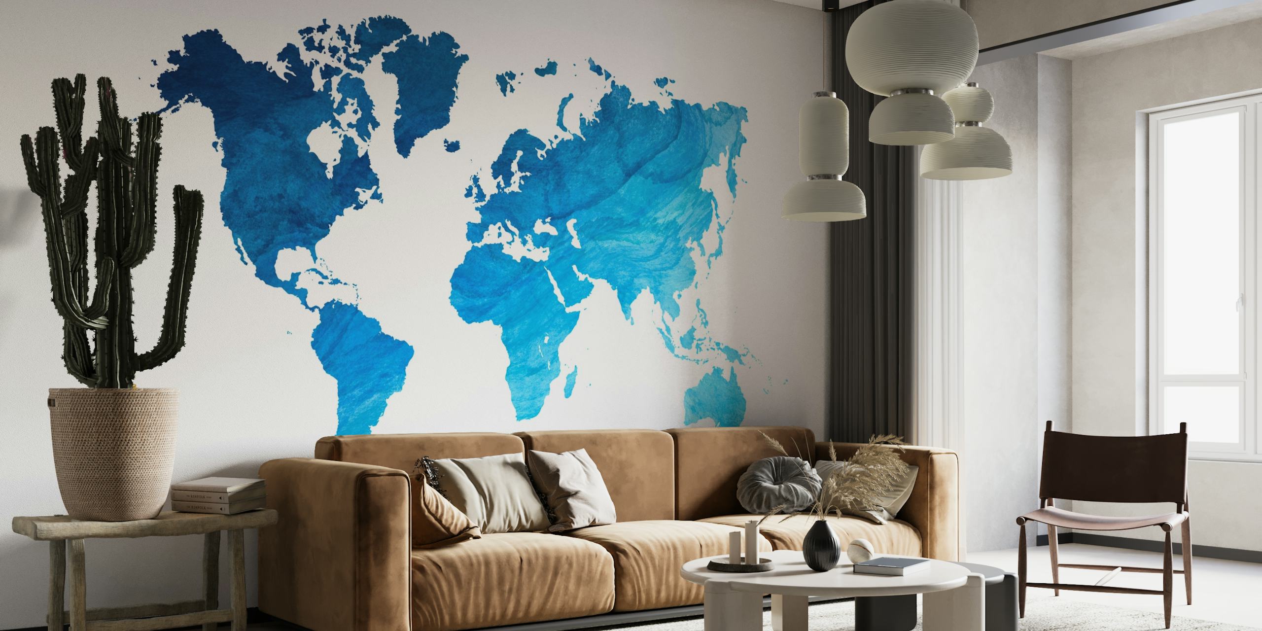 World Map Blue Watercolor papel de parede
