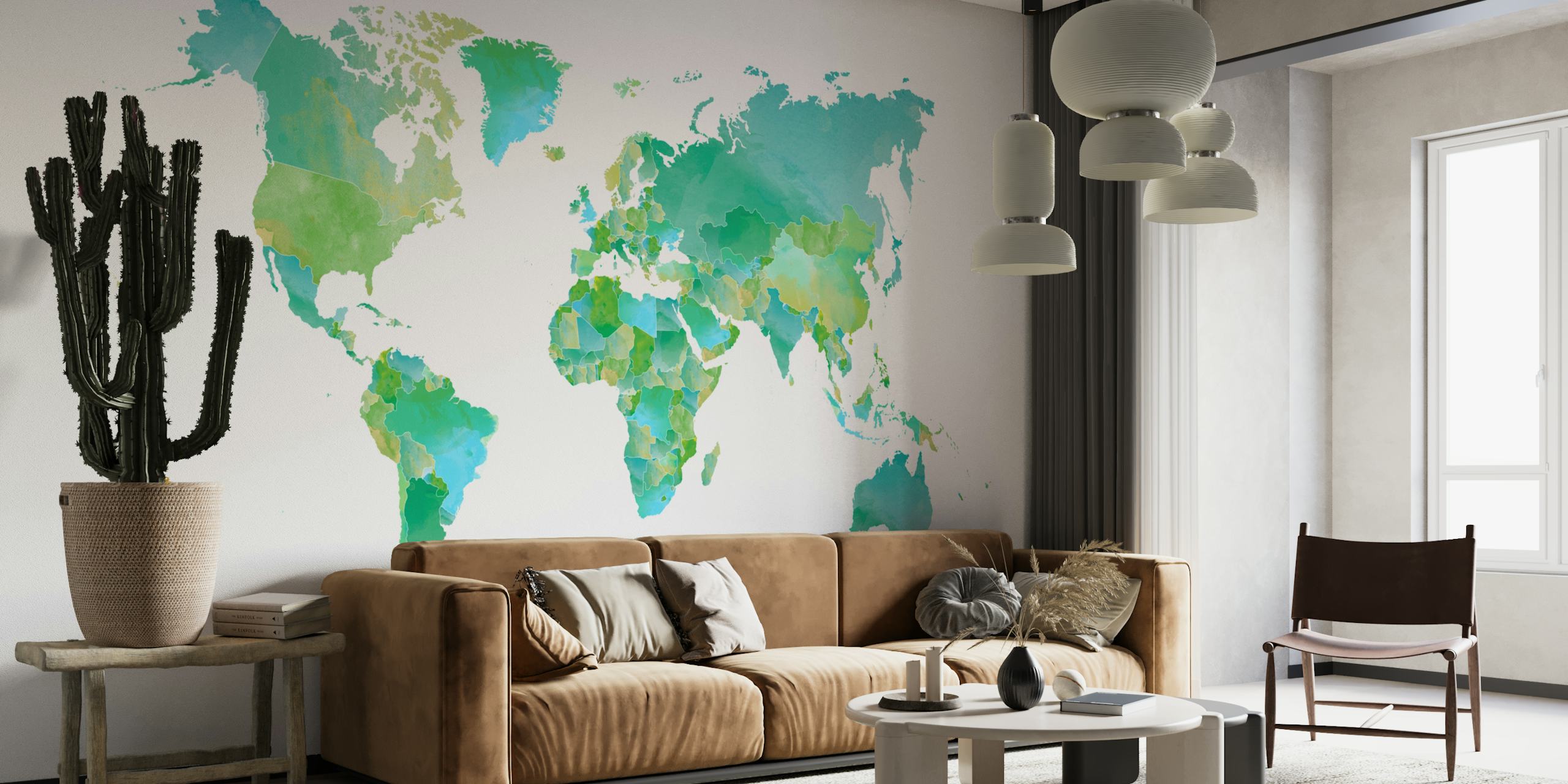 Colorful world map in green and blue watercolor wallpaper.