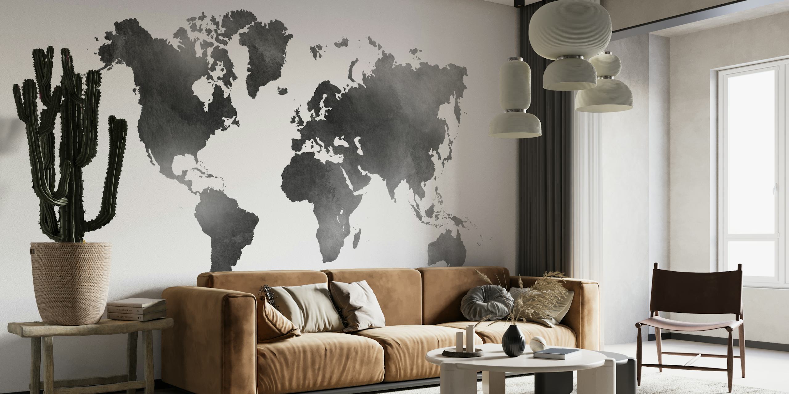 Grey watercolor world map wall mural