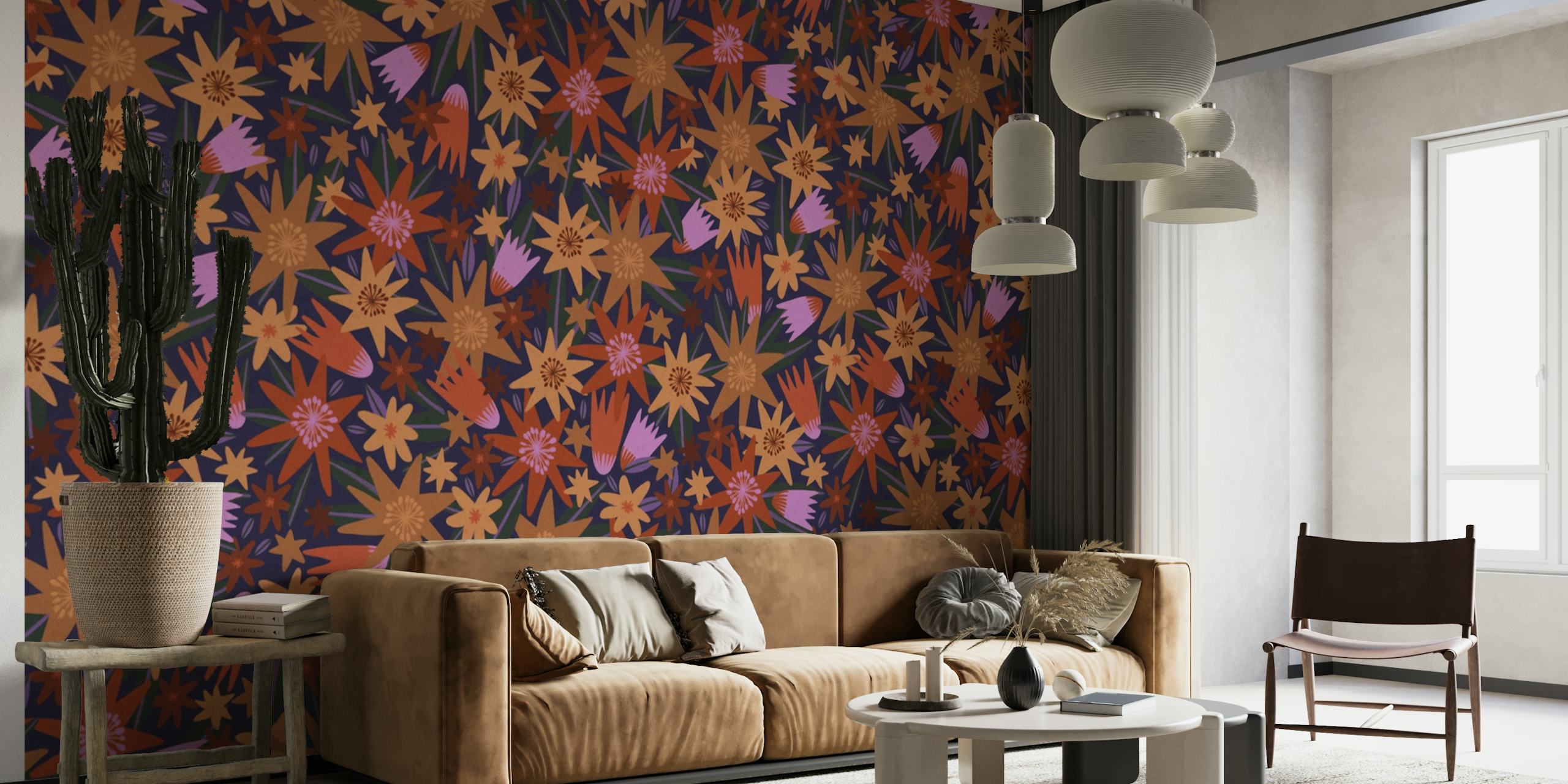 Purple floral wall mural with intricate flower patterns