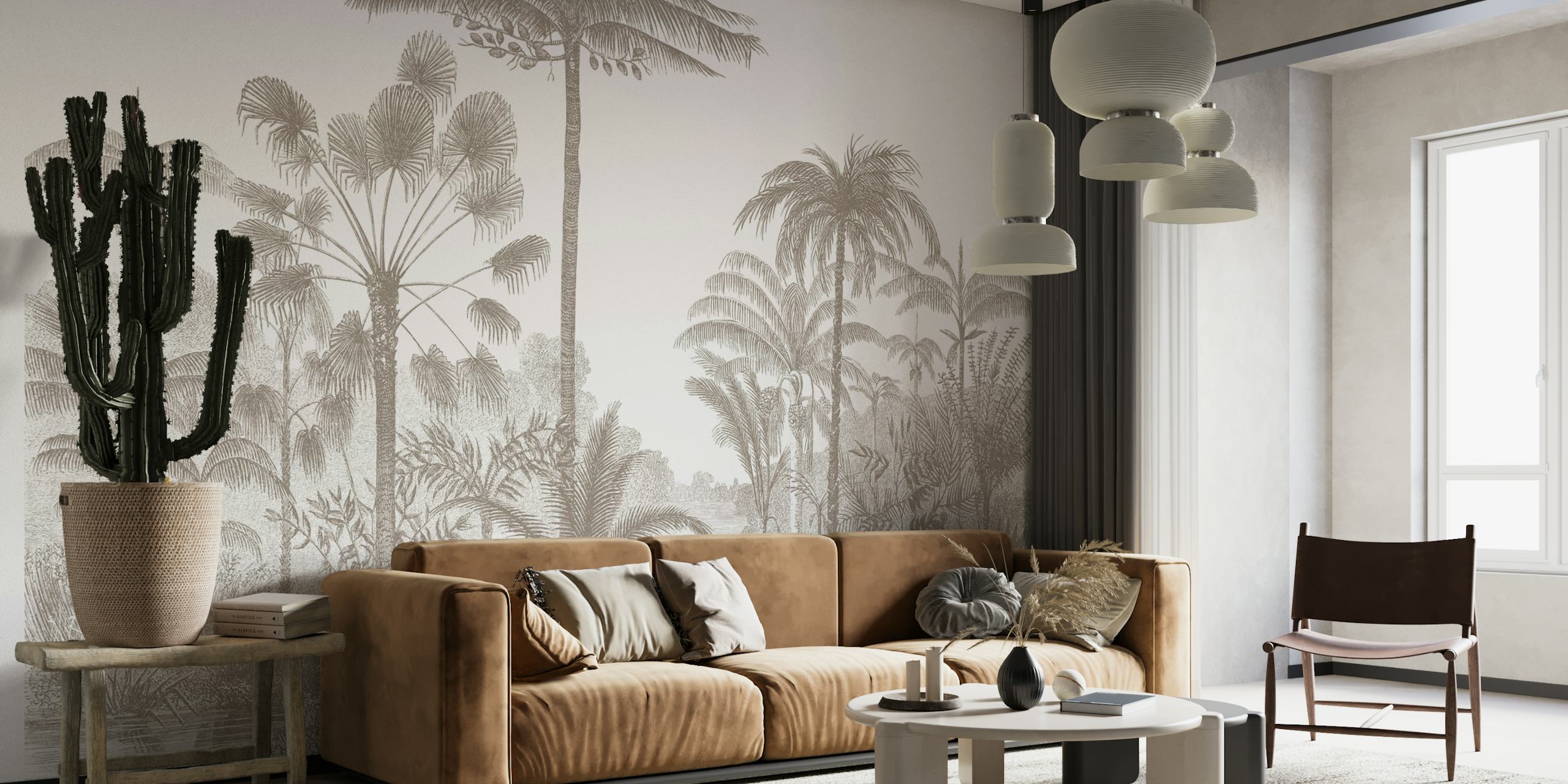 Vintage jungle scene with palm trees in bronze hues wallpaper