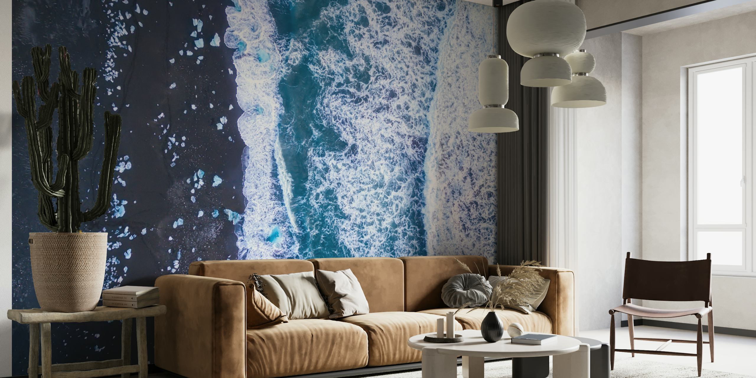Ocean waves with black sand and icebergs, abstract wallpaper