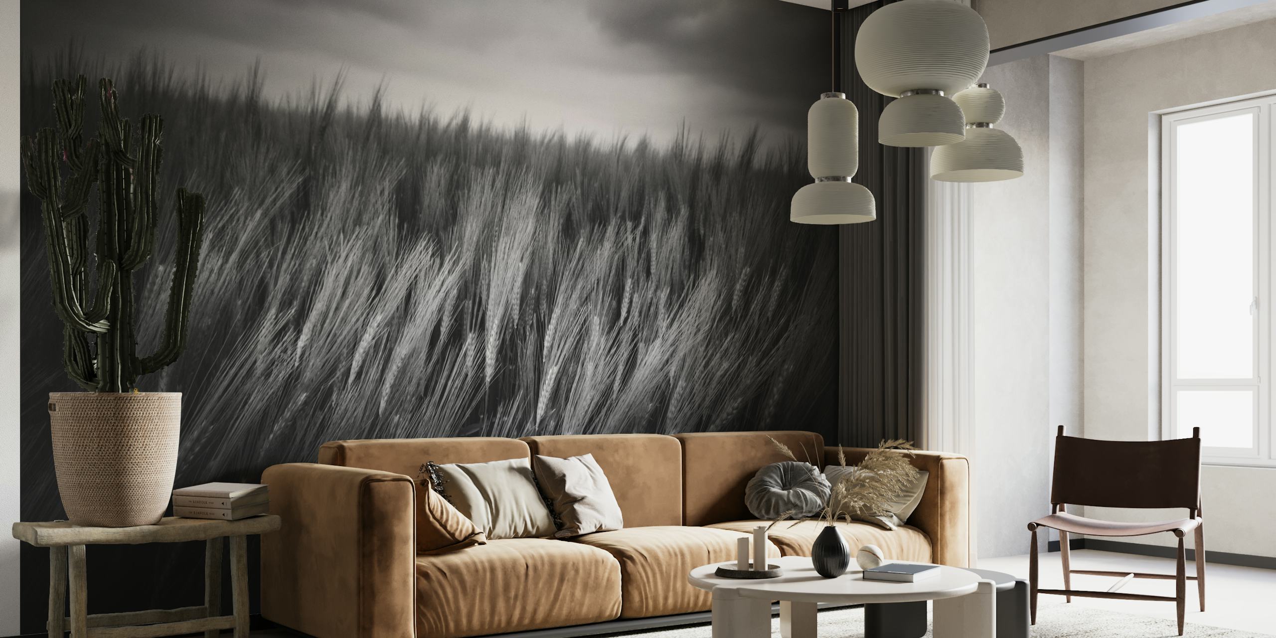 Monochrome wall mural of tall grass swaying in the wind