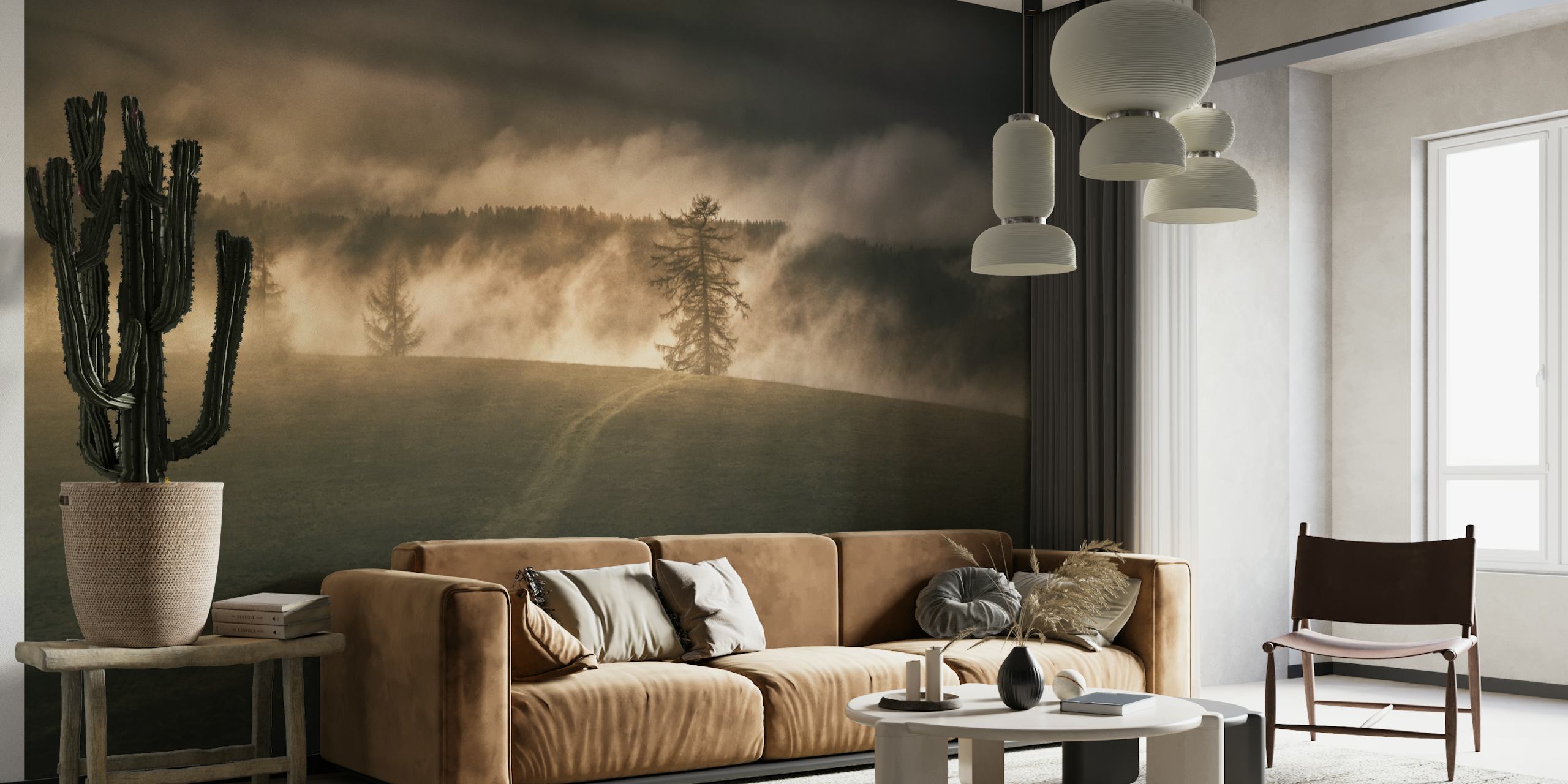 Mystical foggy landscape wall mural with a single tree and soft sunlight