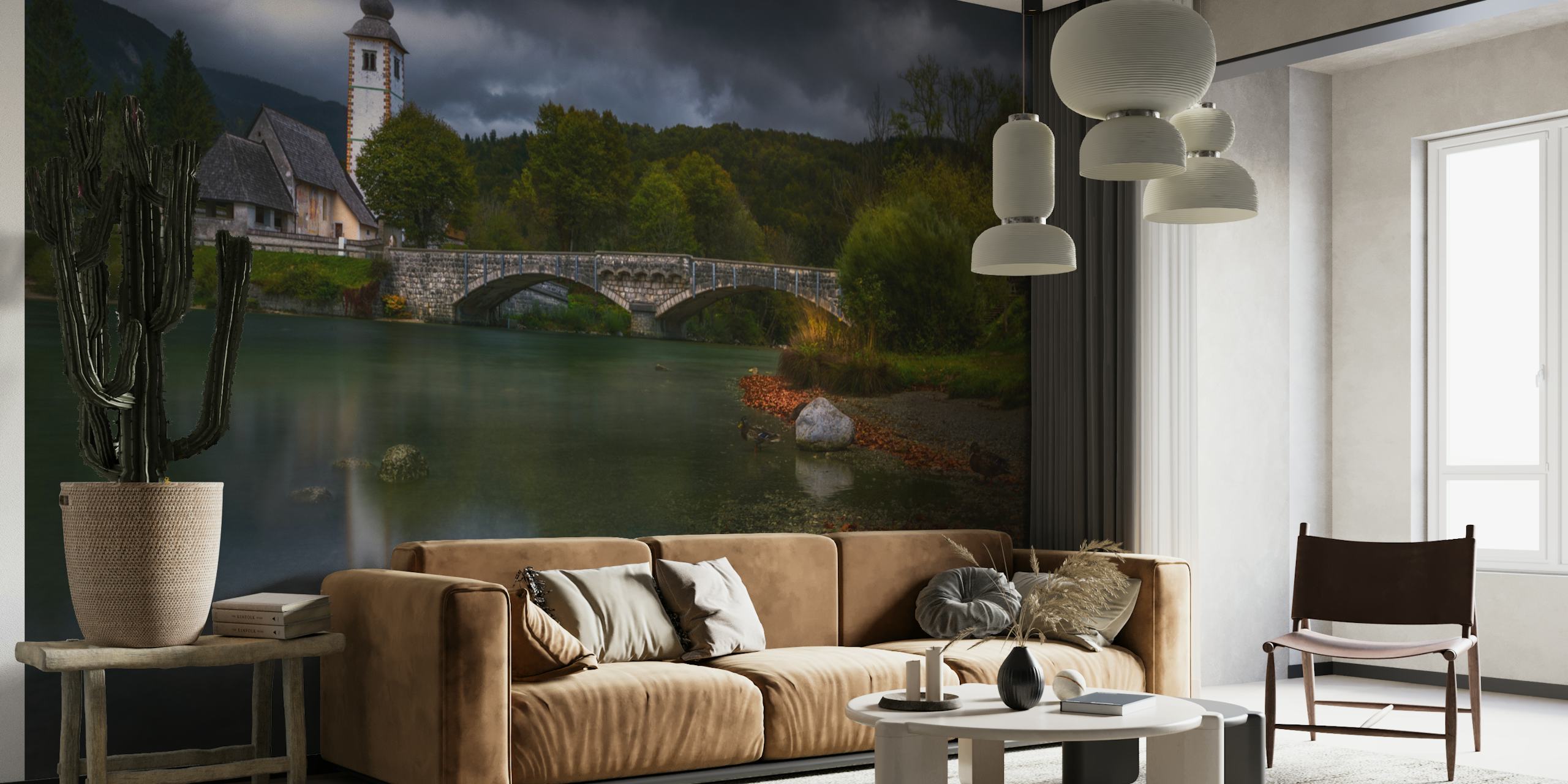 Scenic river and church landscape with dark clouds wallpaper