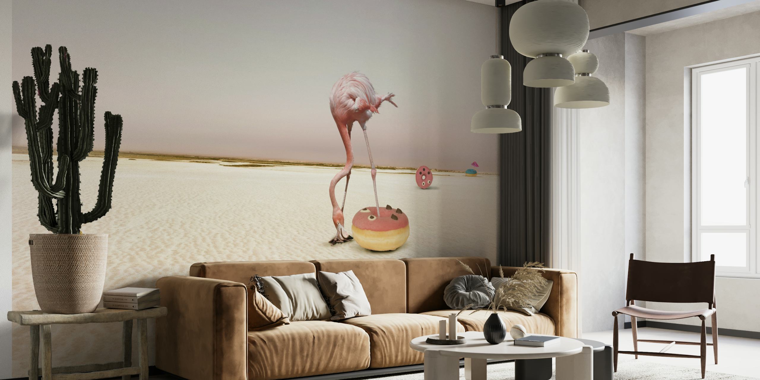 Flamingo standing on a donut with a sandy background wallpaper