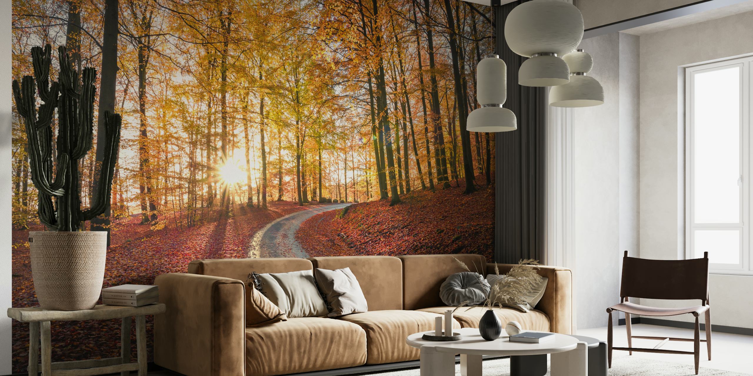 Winding road through a golden autumn forest wallpaper