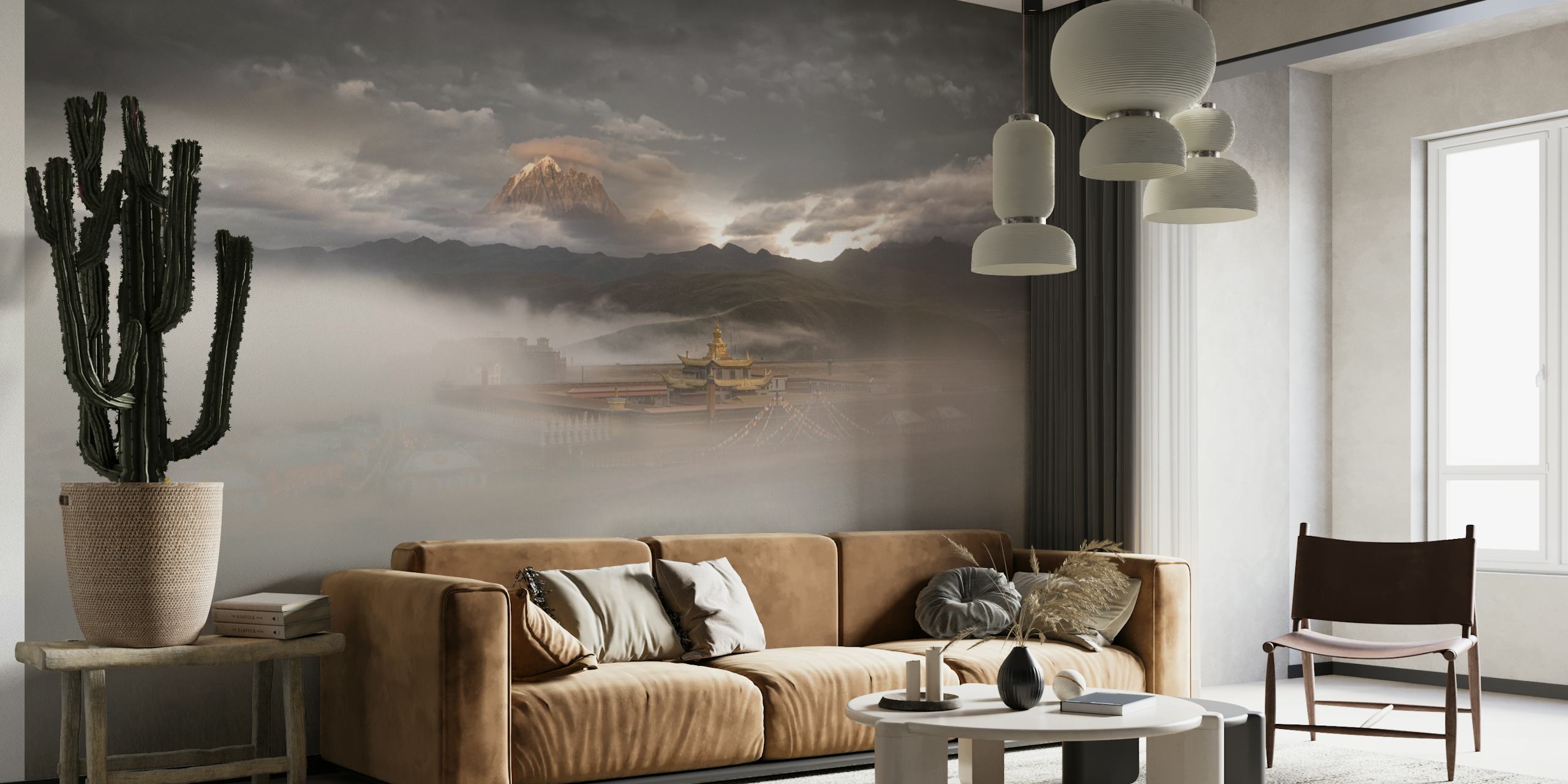 Misty mountain landscape with a pagoda wallpaper