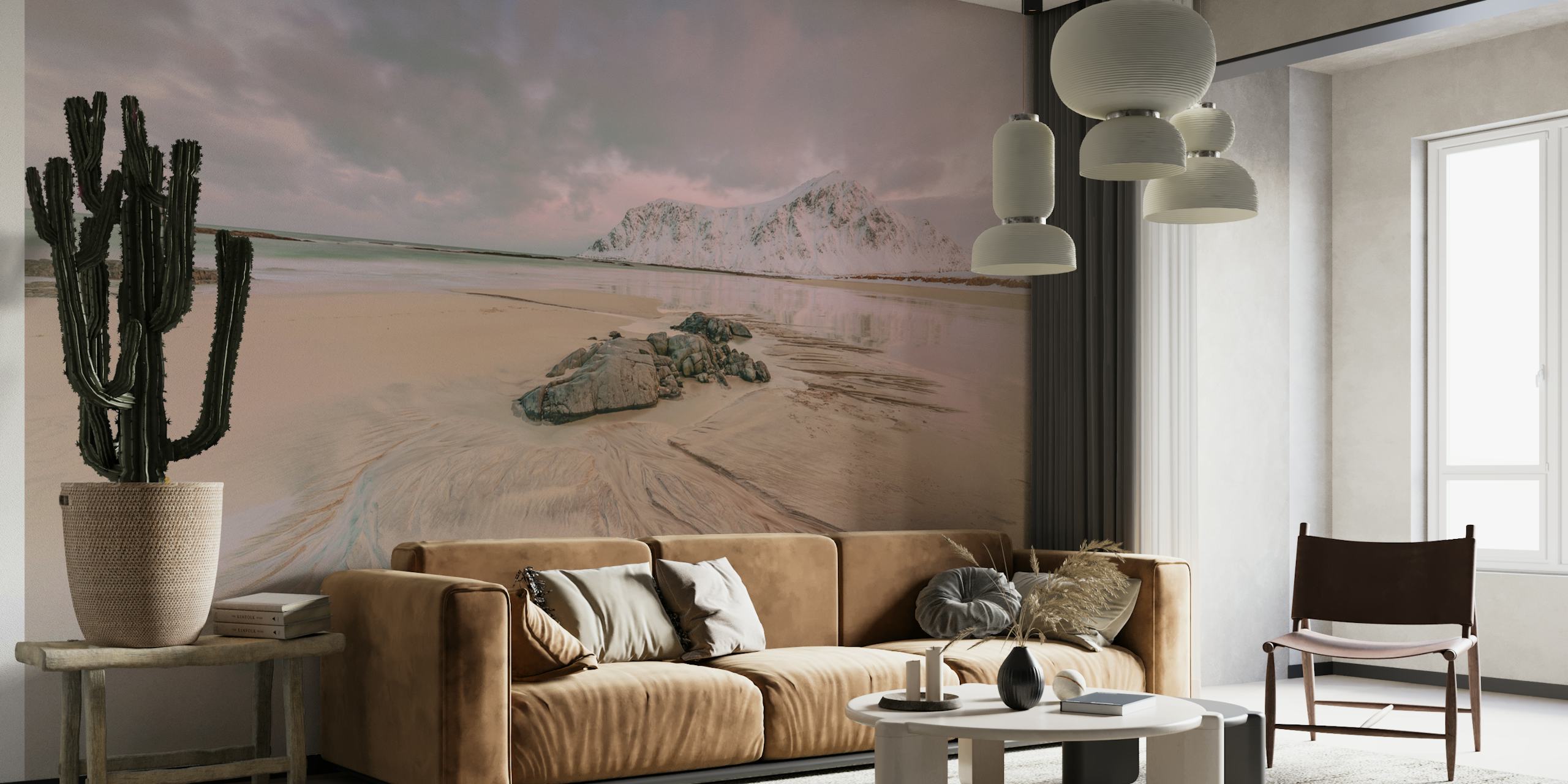 Calm Arctic landscape with mountains, rocks, and beach wallpaper