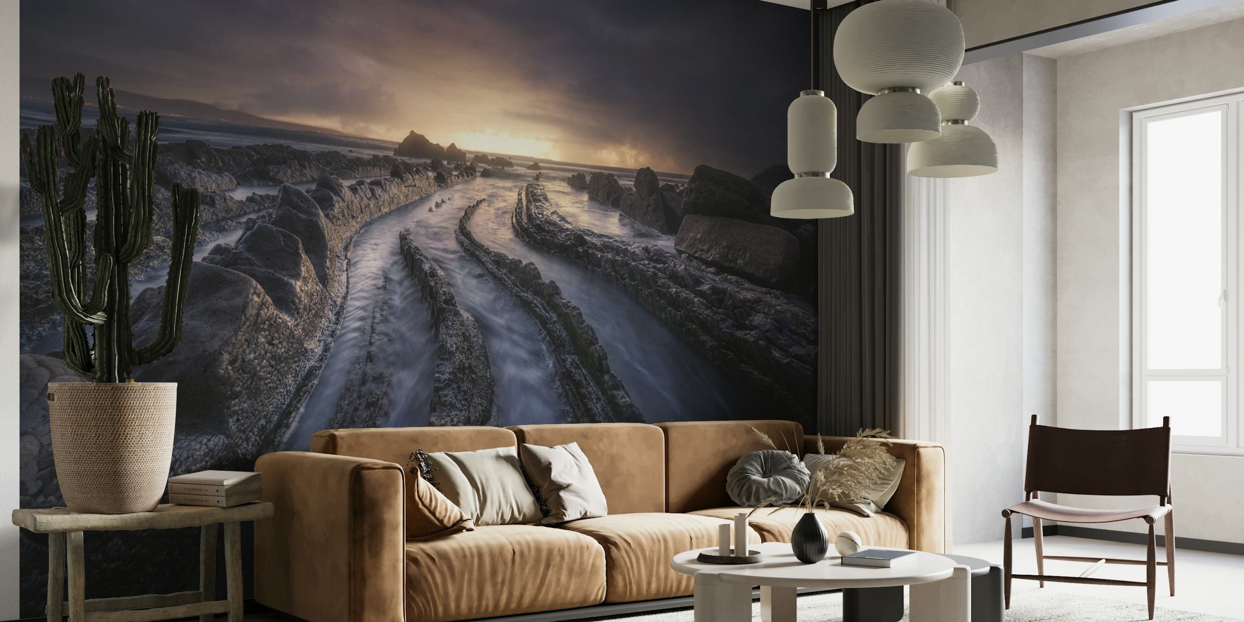 Coastal landscape wallpaper with textured rocks and water