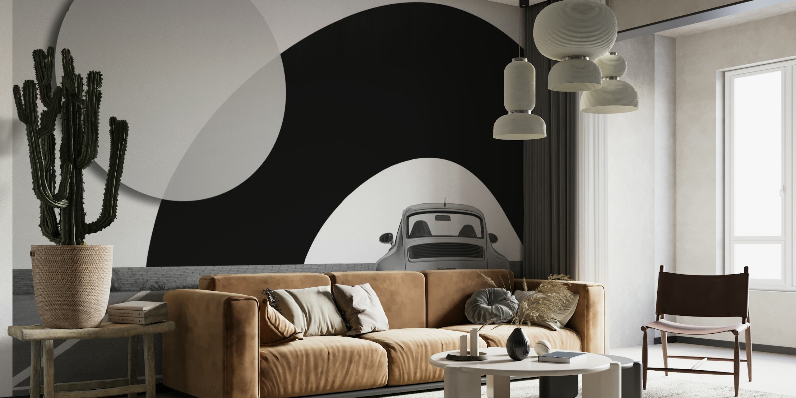 Papel de parede moderno com formas geométricas e um carro