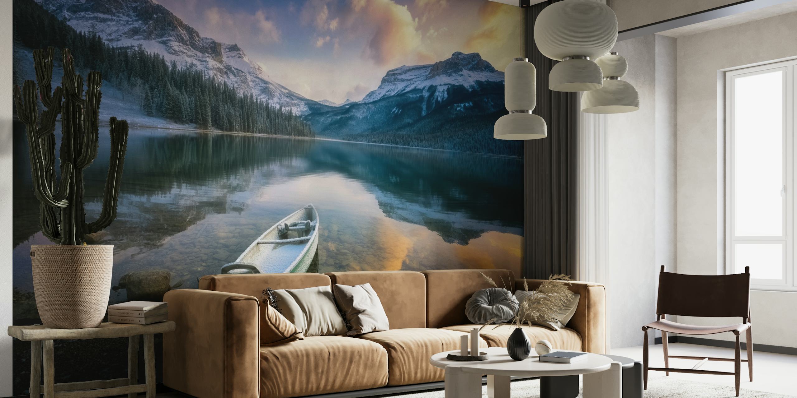 A serene lakeside wall mural with majestic mountains and a canoe, capturing the beauty of the first snowfall at Emerald Lake.