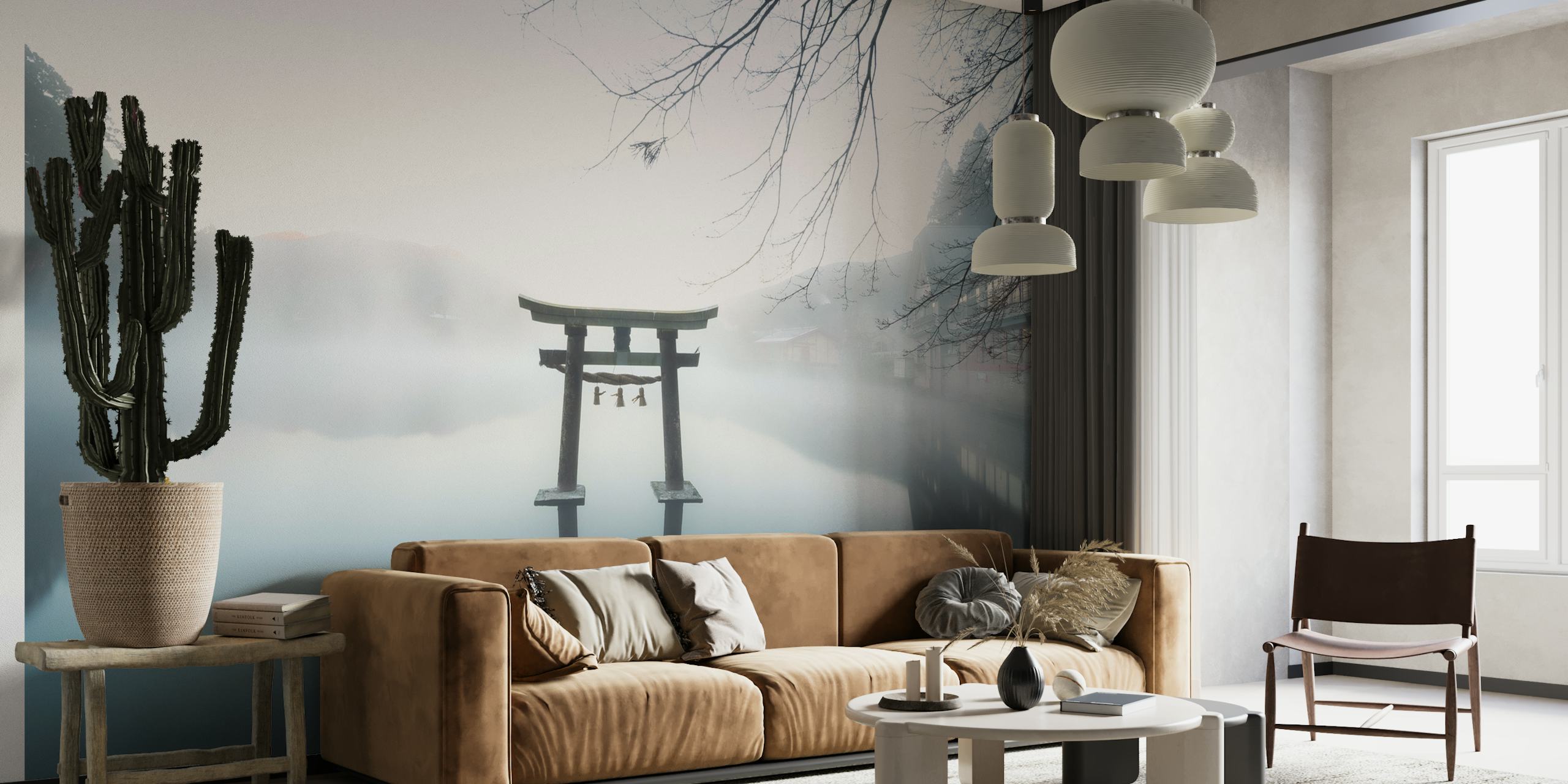 Japanese torii gate in misty water landscape wallpaper