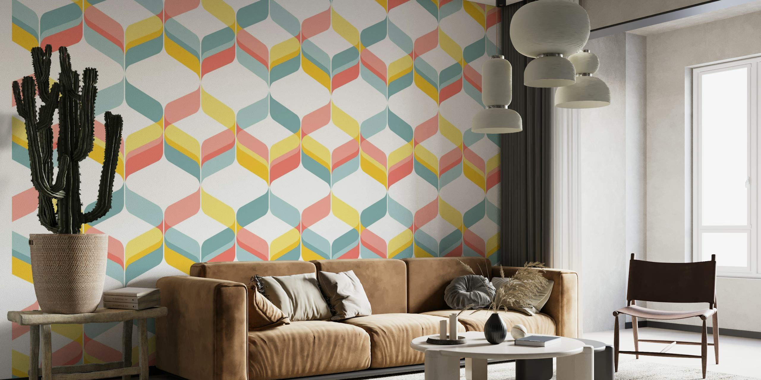 Fotomural de pared con cintas geométricas en tonos pastel y diseño mod retro