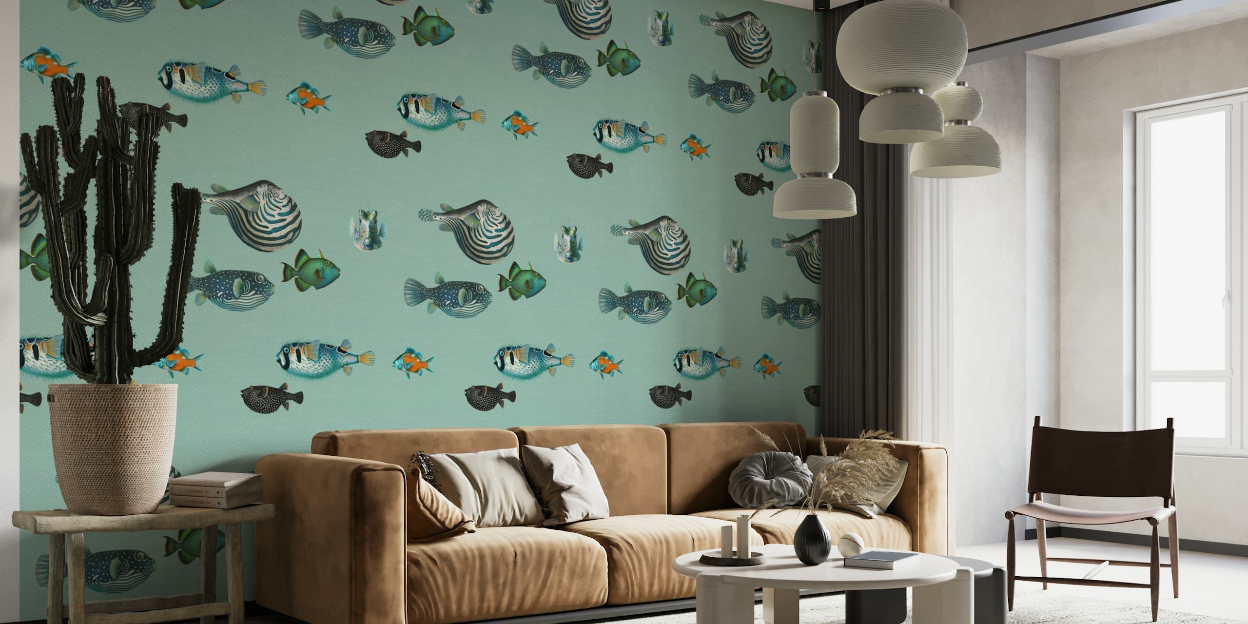 Illustrative fish pattern on duck egg blue background wall mural