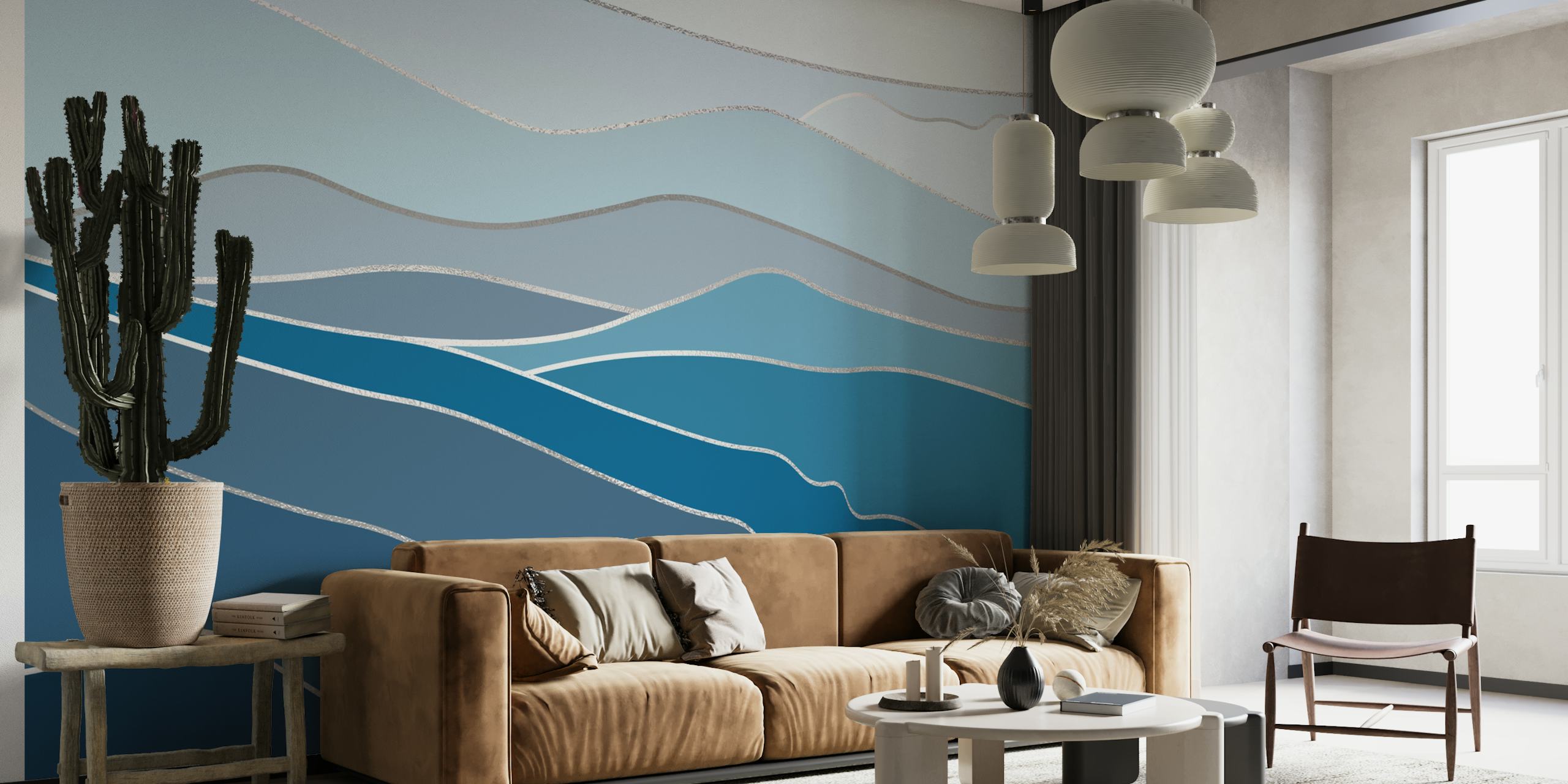 Papel de parede Landscape Blue And Silver em um quarto