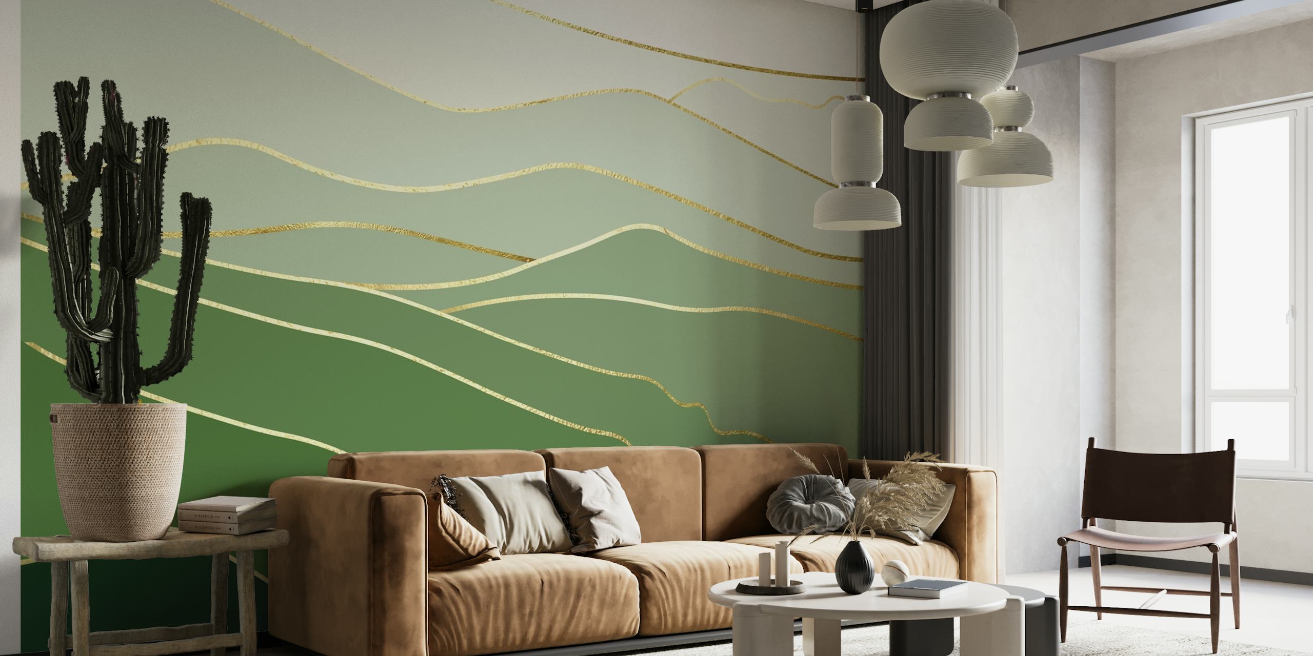 Abstract green hills with gold accents wall mural