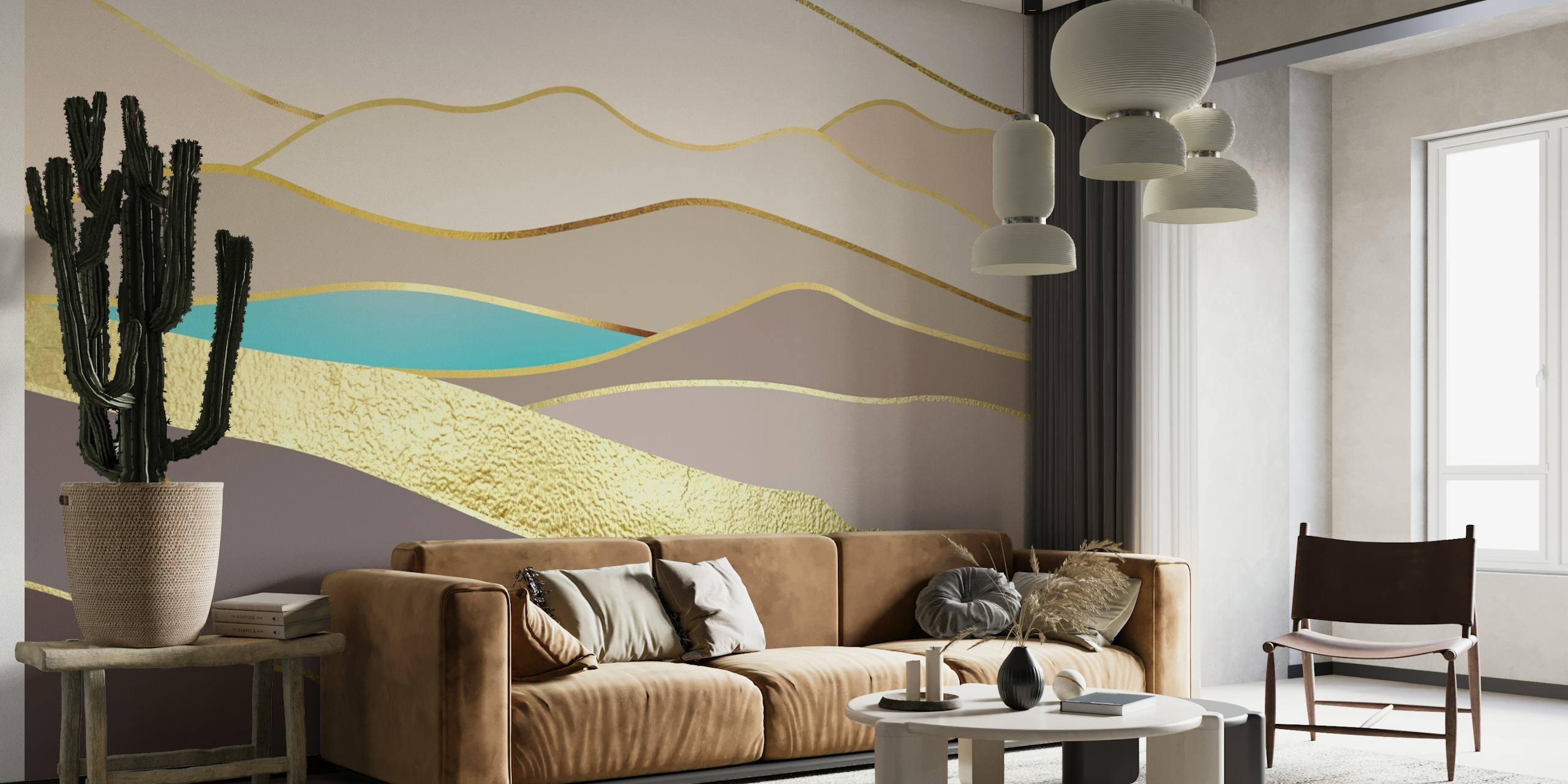 Abstract calm landscape wall mural with gentle slopes and metallic gold accents