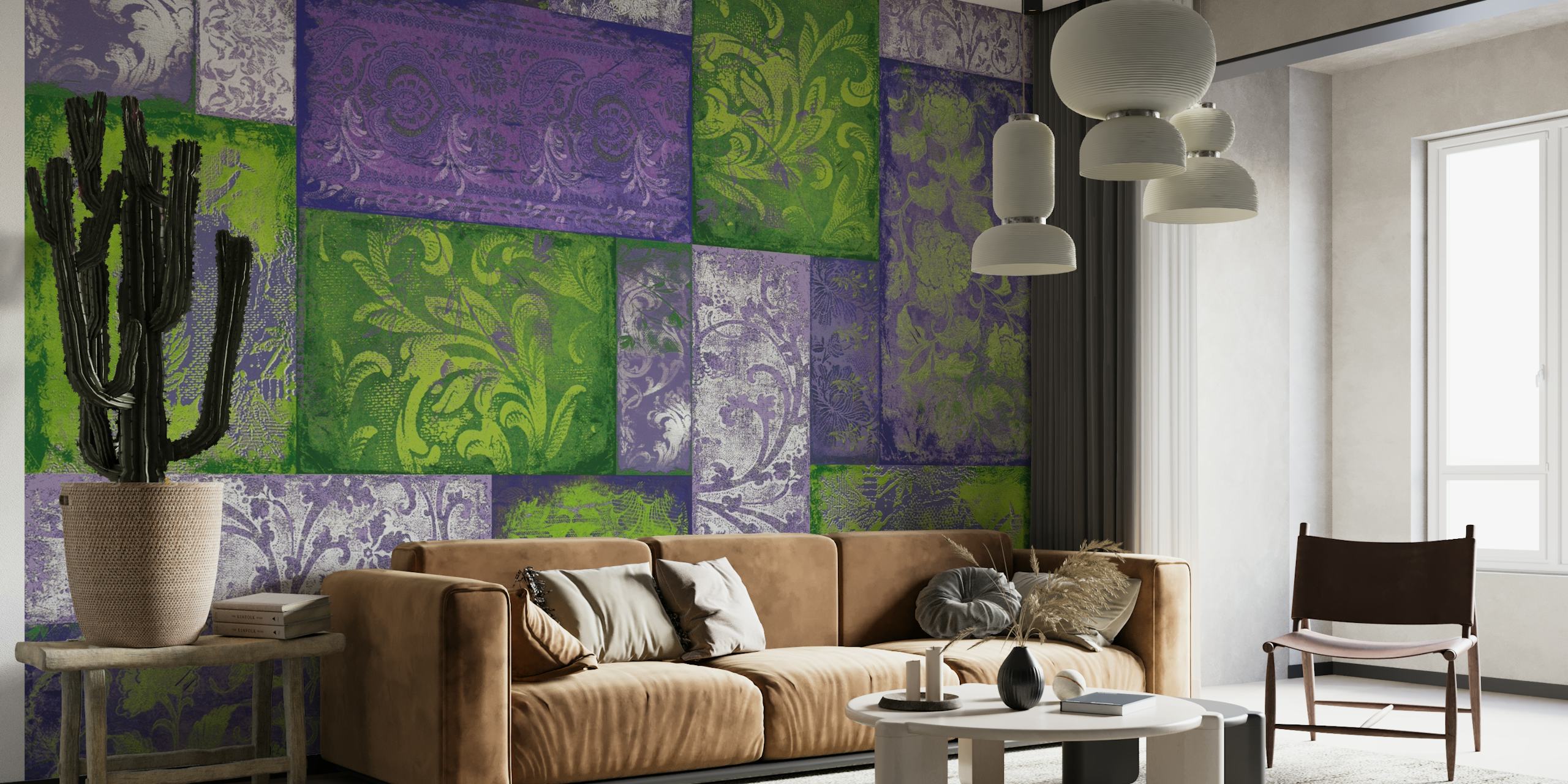 Bohemian Patchwork green lilac wallpaper