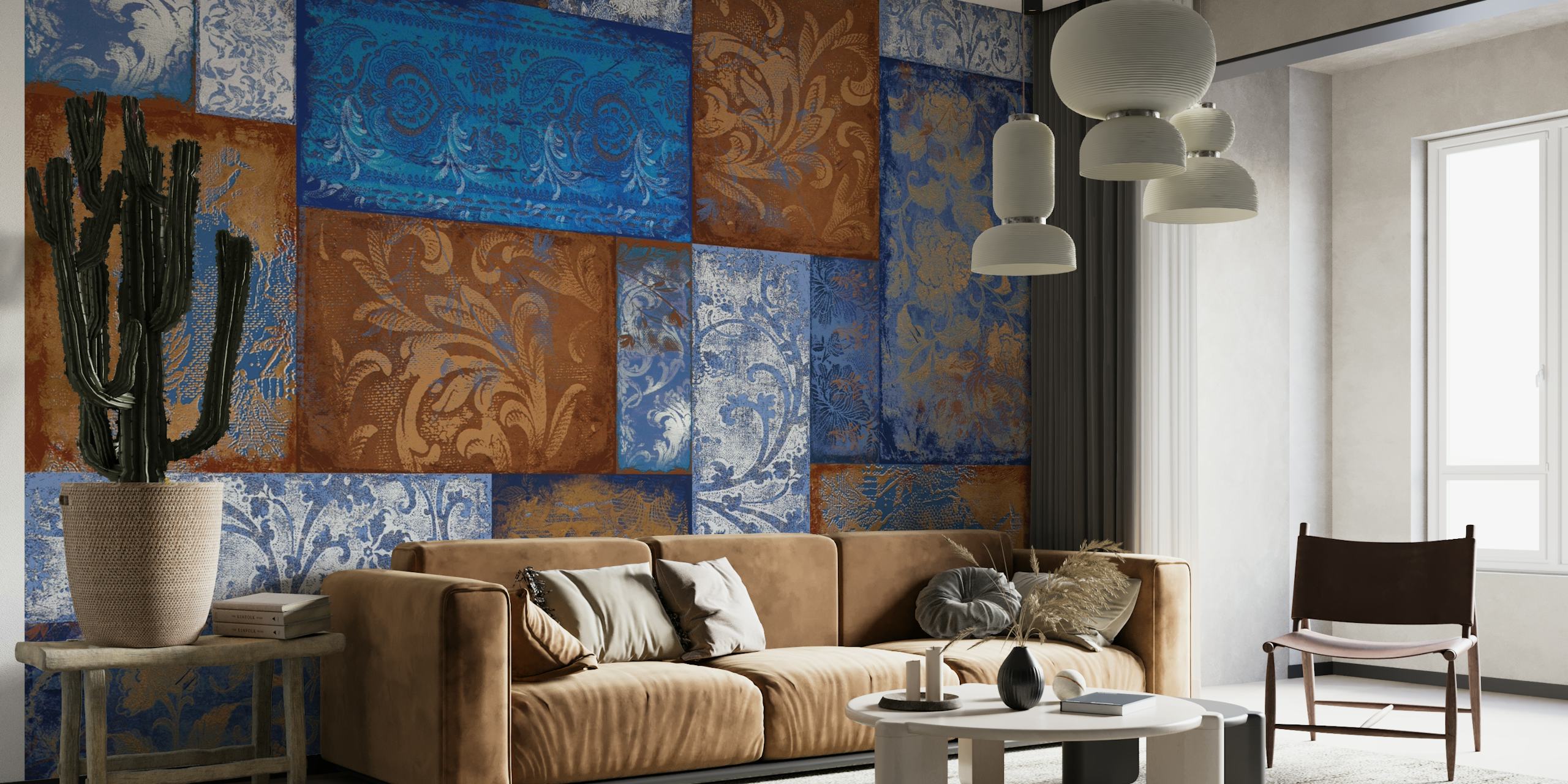 Bohemian Patchwork blue rust wallpaper