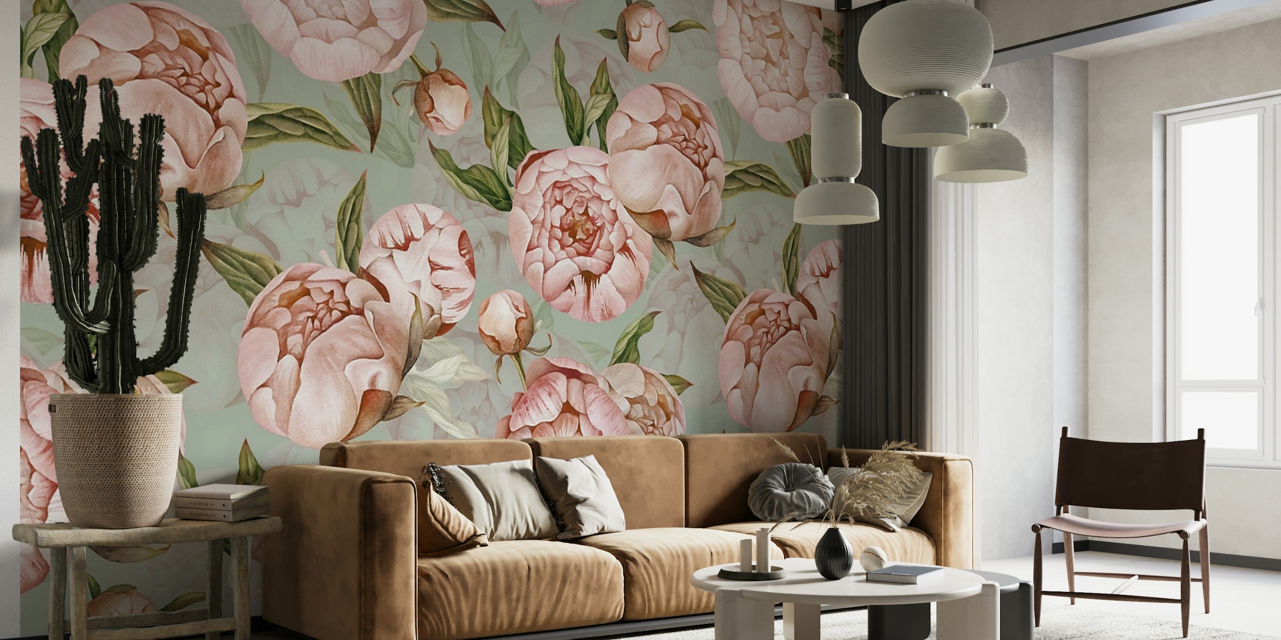 Pink peonies with green leaves on teal background wallpaper