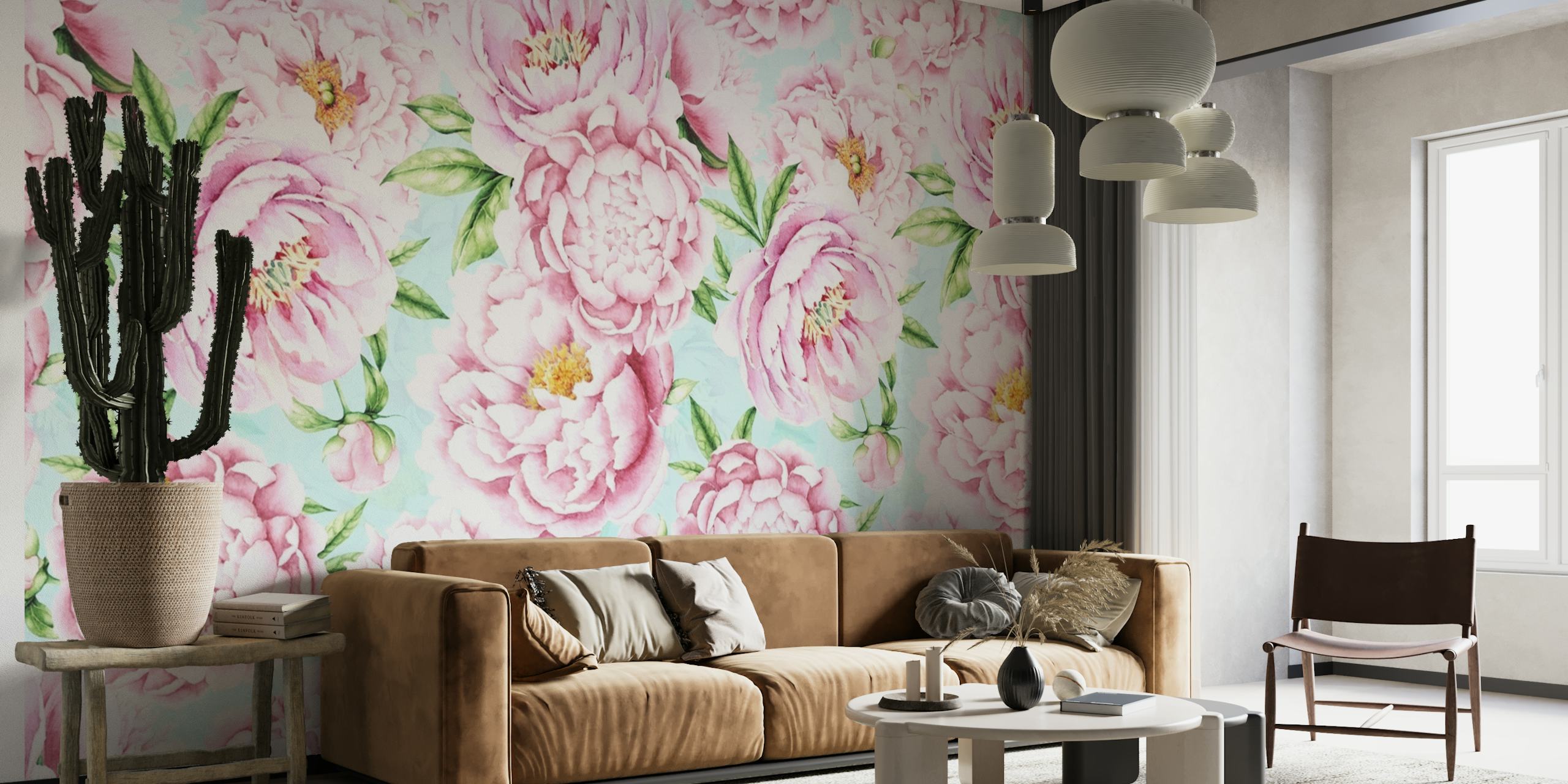 Pink Opulent Baroque Peonies On Turquoise papel pintado