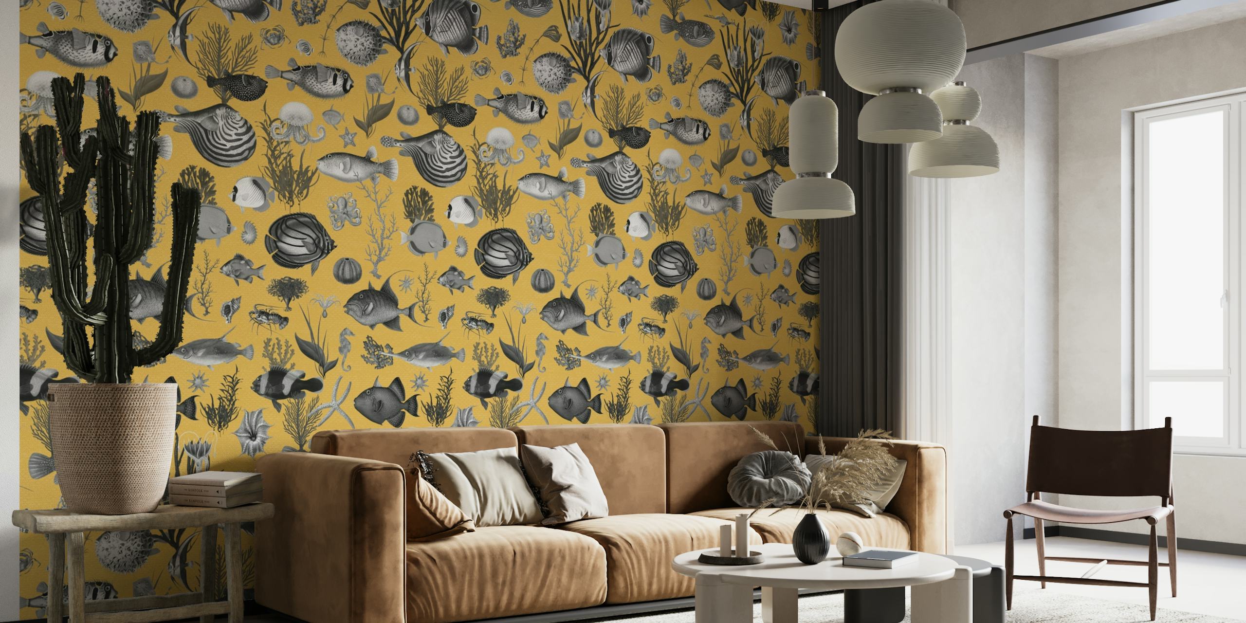 Grey and mustard ocean-themed wall mural with aquatic flora and fauna