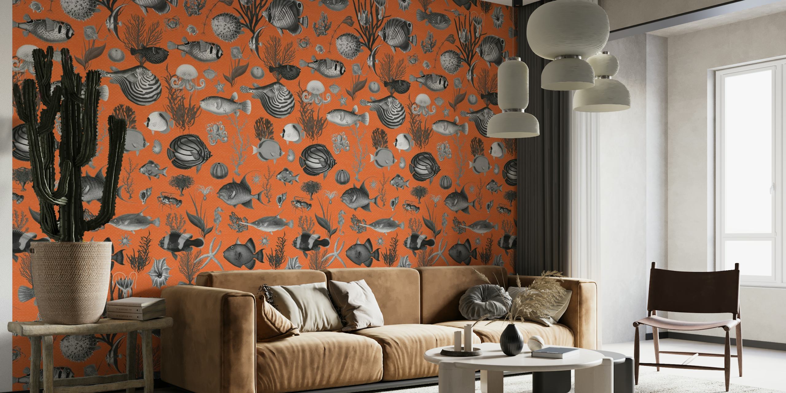Mural de pared abstracto inspirado en el océano con motivos marinos grises y naranjas