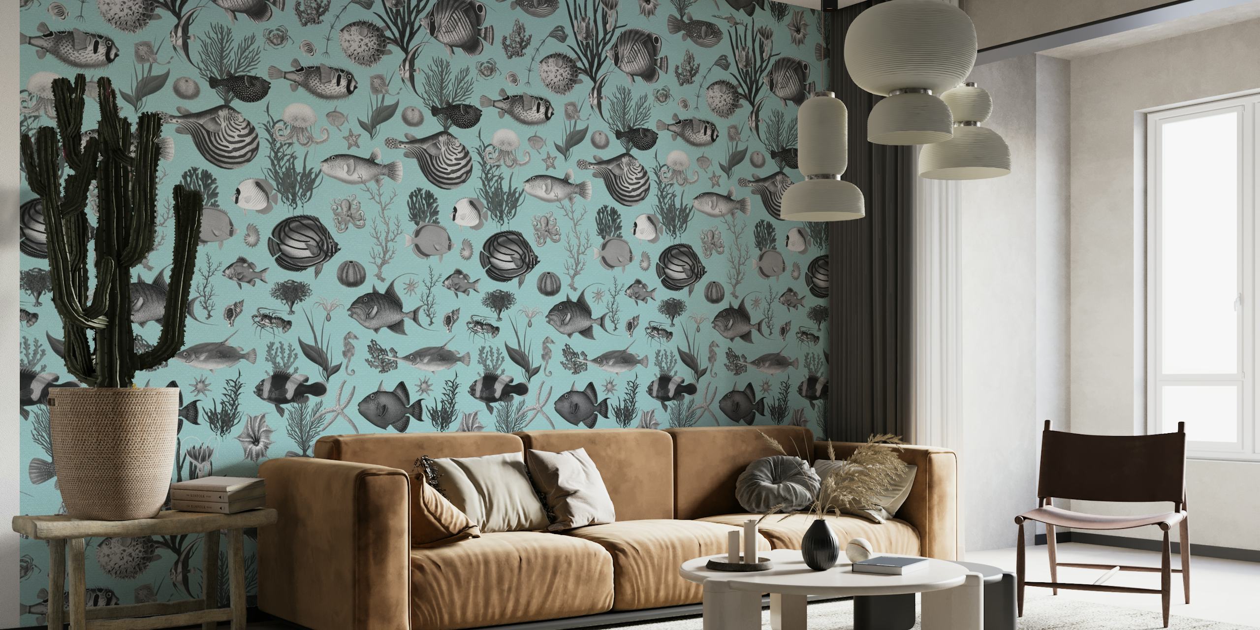 Oceania in Grey Mint Blue wallpaper
