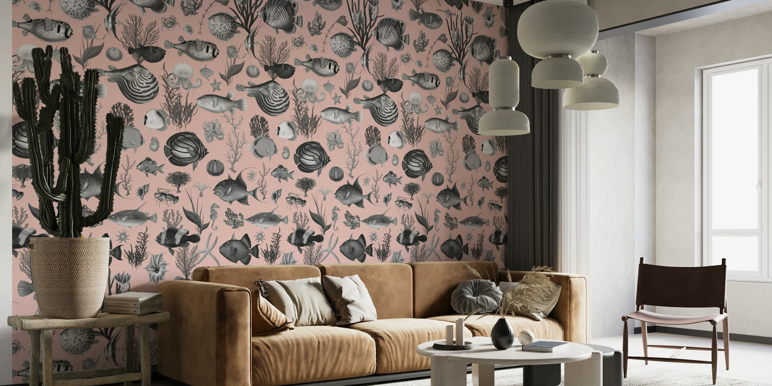 Oceania in Grey Blush Pink wallpaper