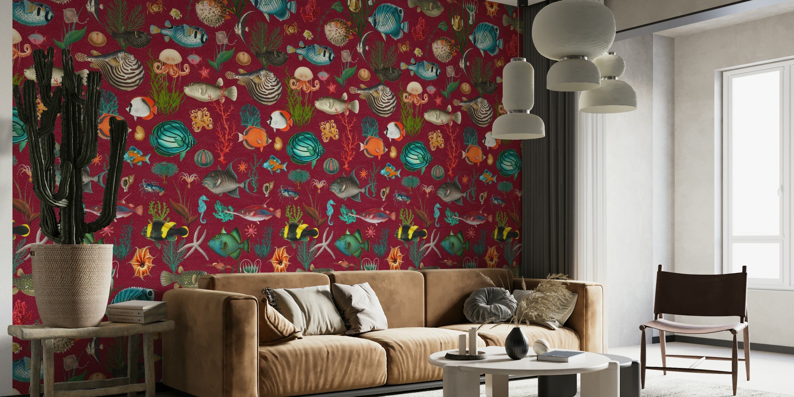 Oceania in Burgundy Red wall mural with floral and marine patterns