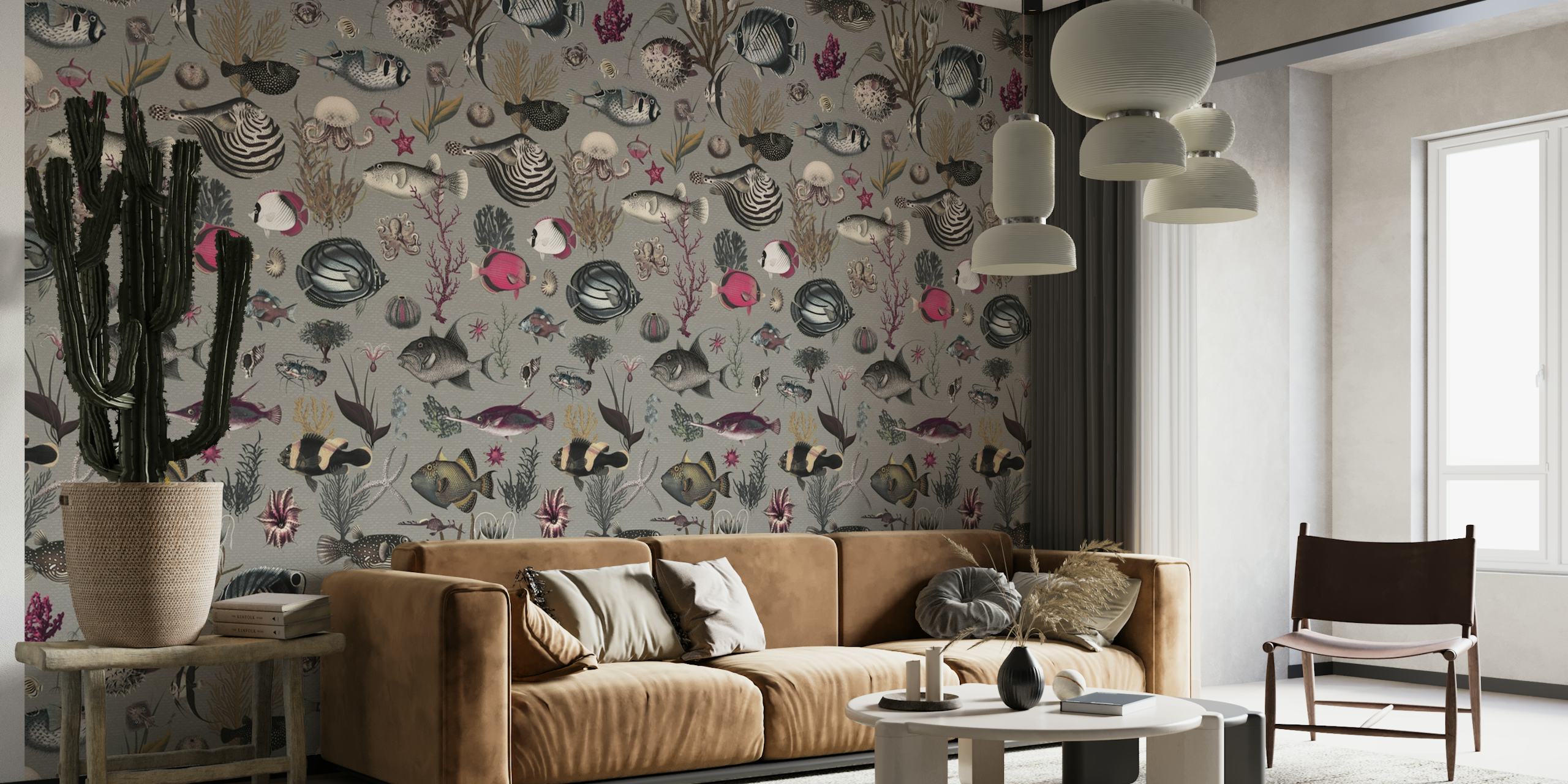 Abstract wall mural with grey, fuchsia, and olive patterns