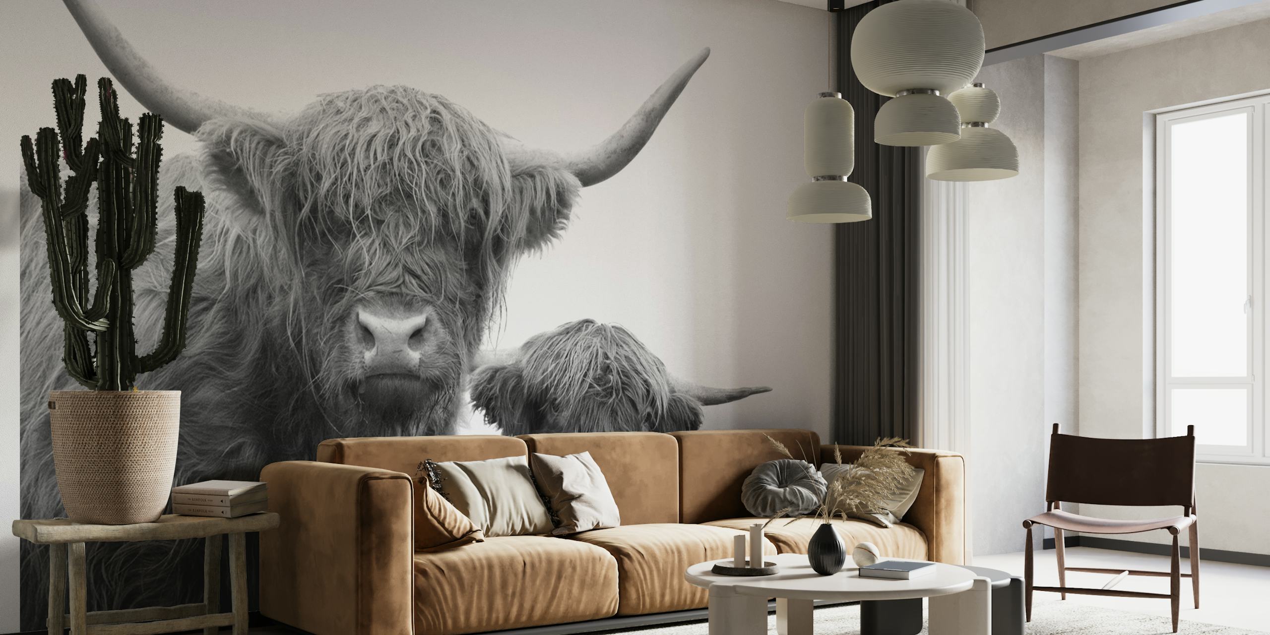 Black and white wall mural of highland cows showing rich texture and peaceful expressions
